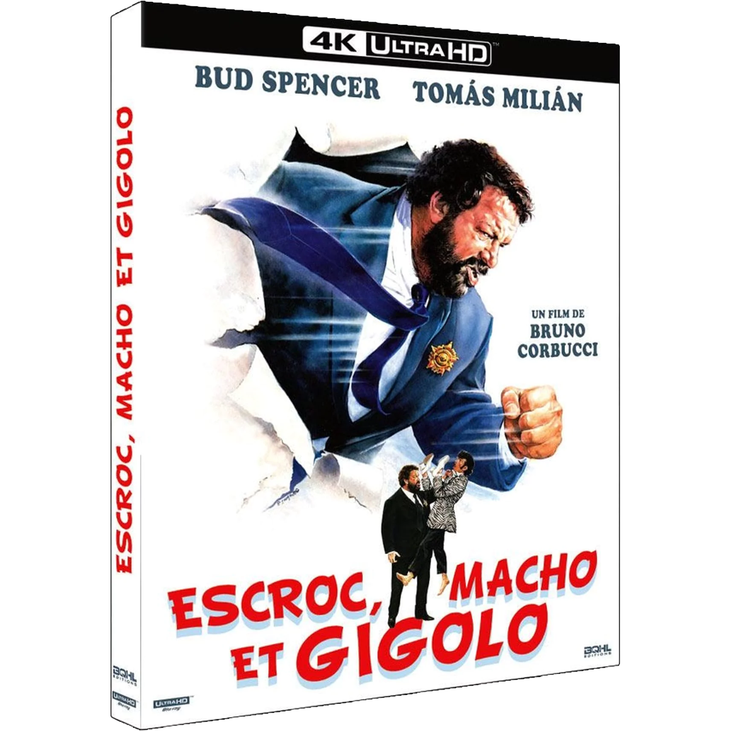 La couverture montre Bud Spencer donnant un coup de pied à un homme. Le titre du film est ESCROC, MACHO ET GIGOLO.