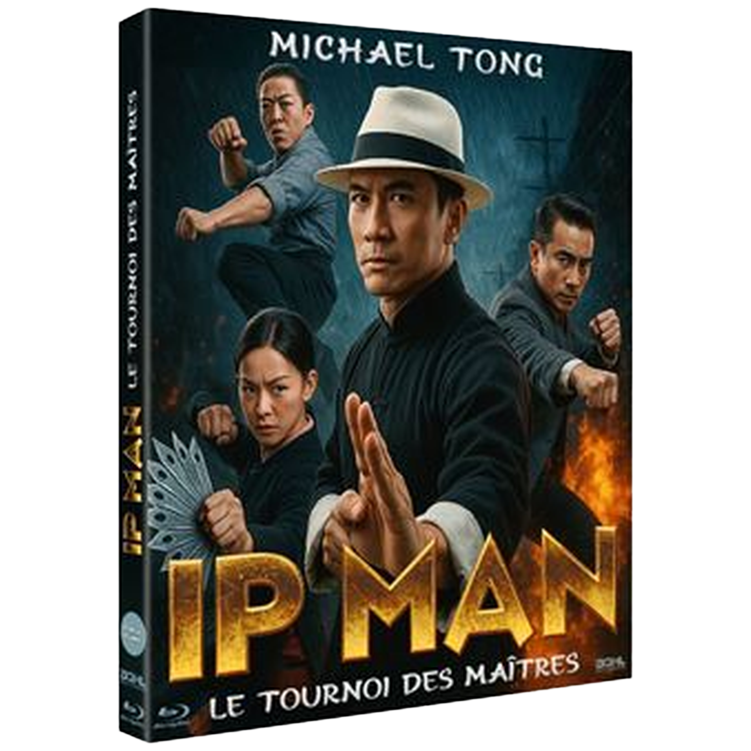 Vier krijgskunstenaars in actieposes op een donkere achtergrond met de titel IP MAN.