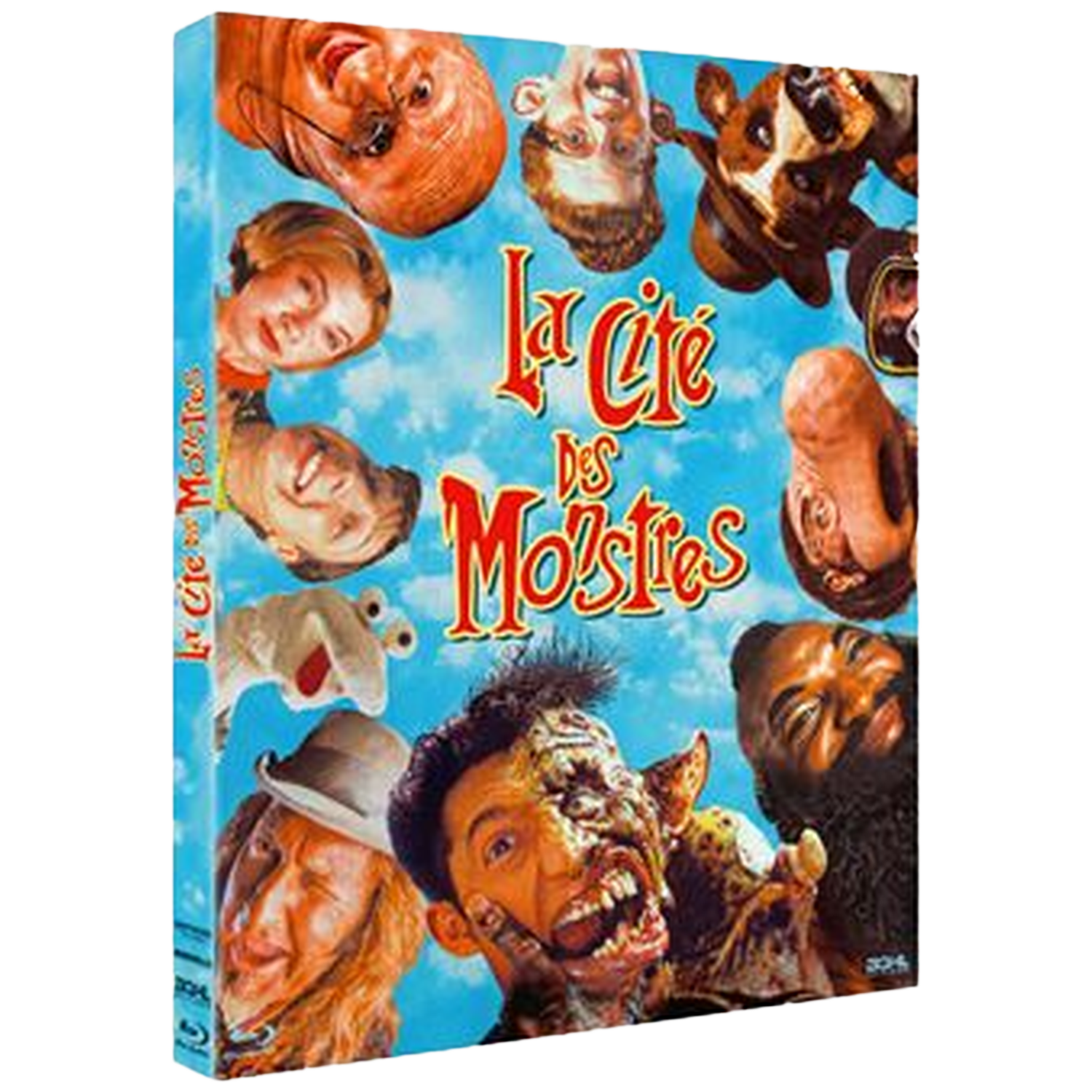 Couverture DVD avec visages déformés, un chien et le titre "La Cite Des Monstres".