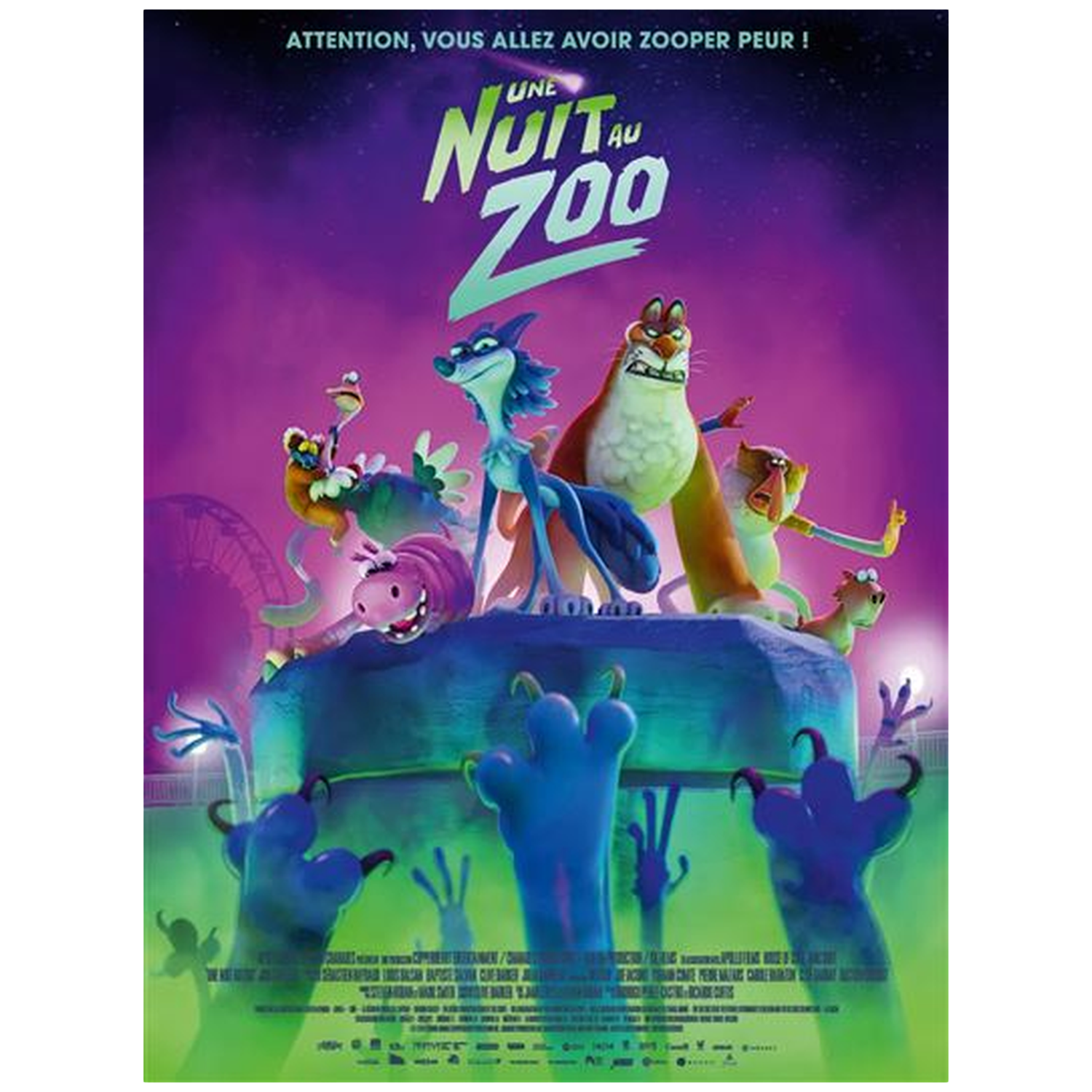 Une affiche de film avec des animaux de dessin animé sur fond violet.