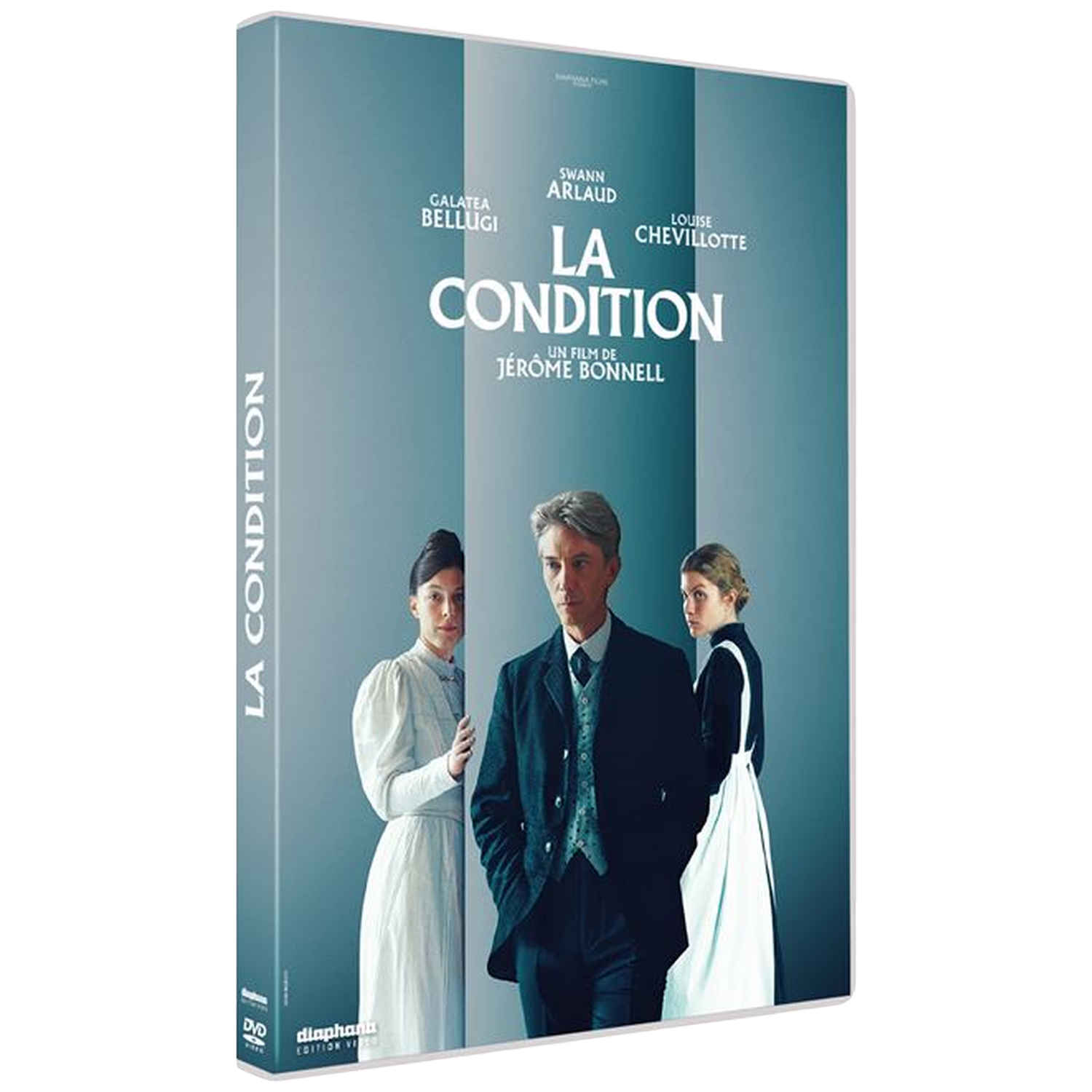DVD-hoes: Drie personen voor blauwe muur. Titel: La Condition.