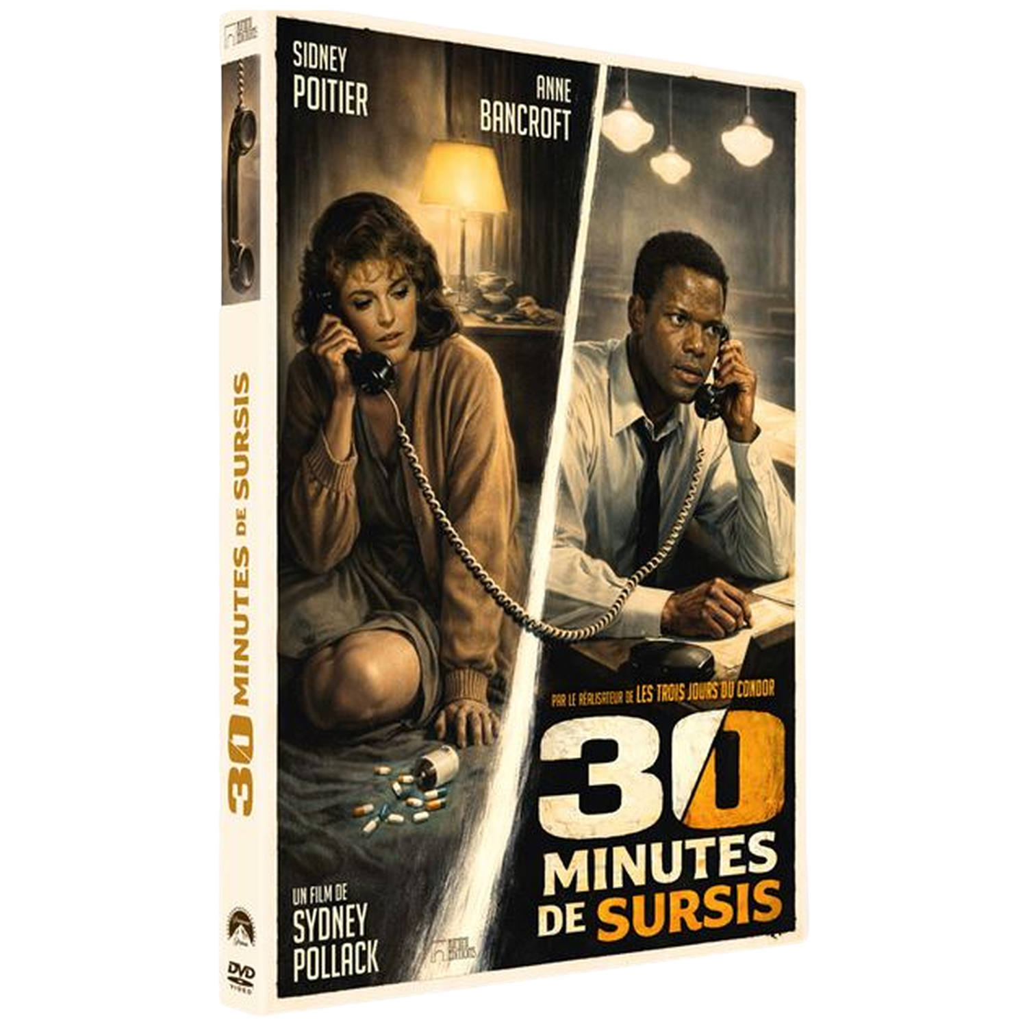 Affiche du film avec Poitier et Bancroft au téléphone. Pilules au sol.