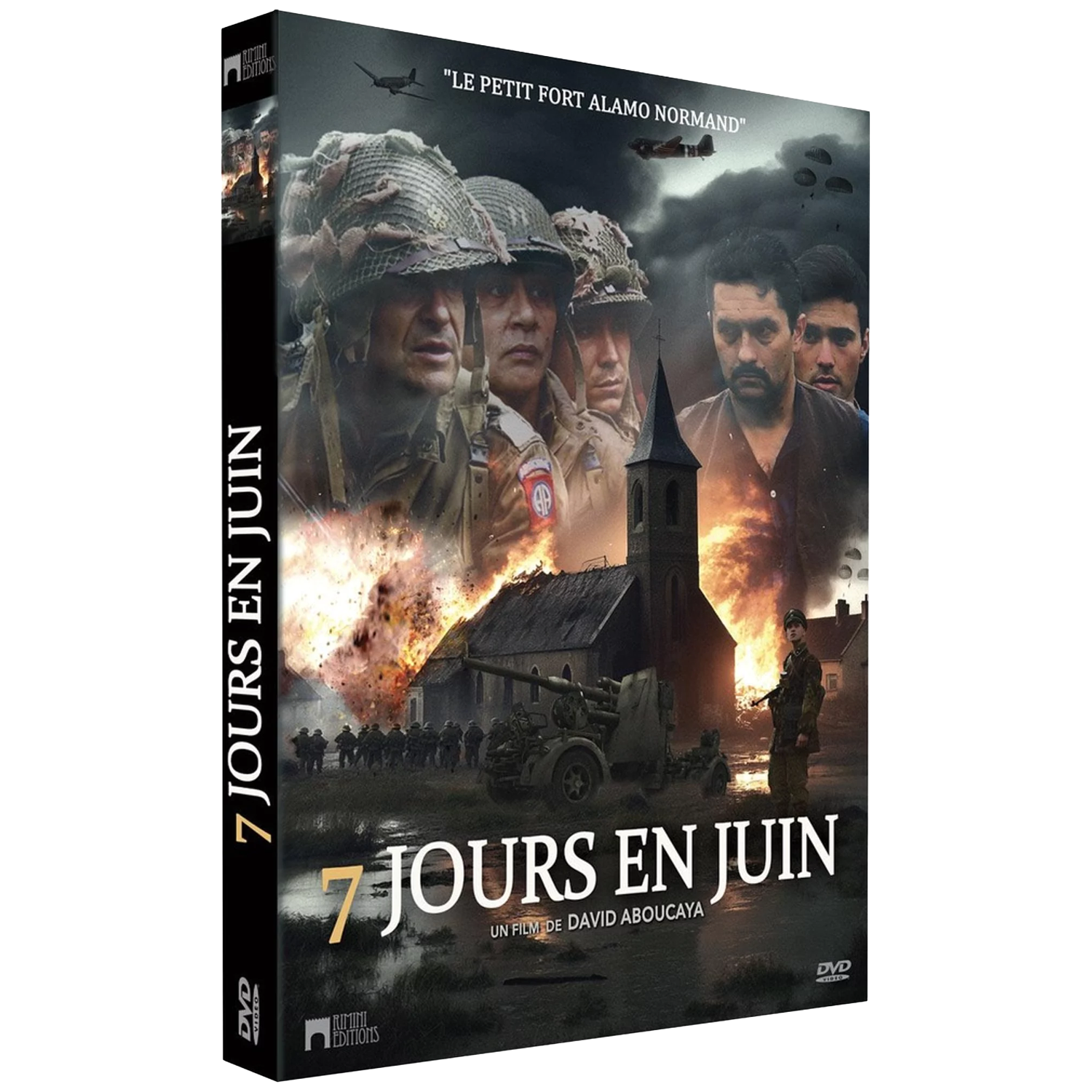 Couverture DVD: Soldats et explosions devant une église. Titre: 7 Jours en Juin.