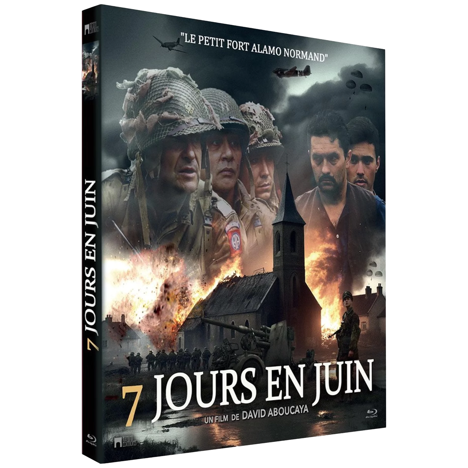 Affiche de film : Soldats, église, explosions, avions, parachutistes. Titre : 7 JOURS EN JUIN.