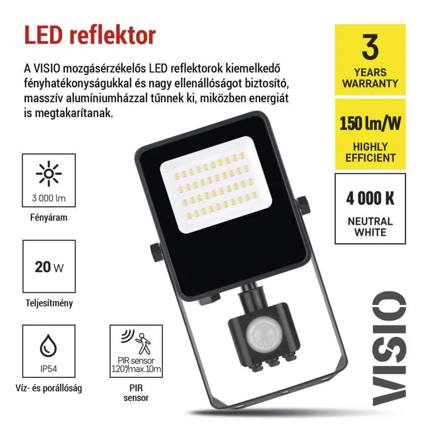 Fekete LED reflektor PIR-érzékelővel, 3000 lm, 20W, IP54, 3 év garancia.