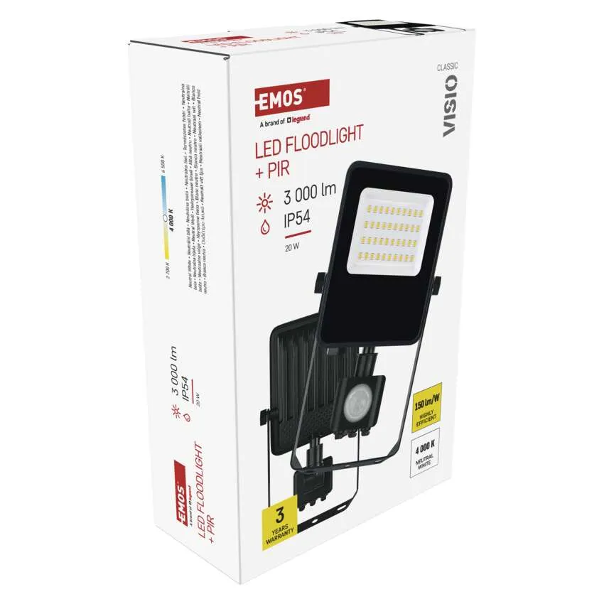 LED-es reflektor doboza PIR-érzékelővel, 3000 lm, 20W, IP54, 4000K, természetes fehér.