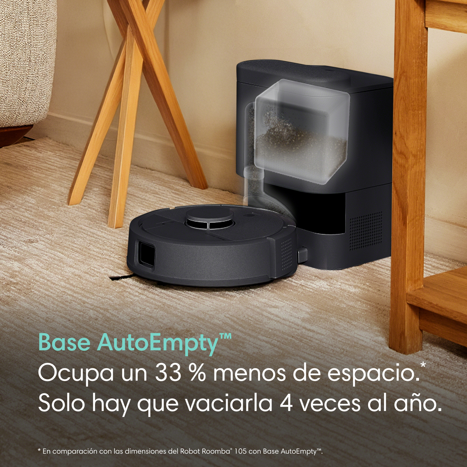 Un robot aspirador negro con base de carga que recoge polvo en alfombra.