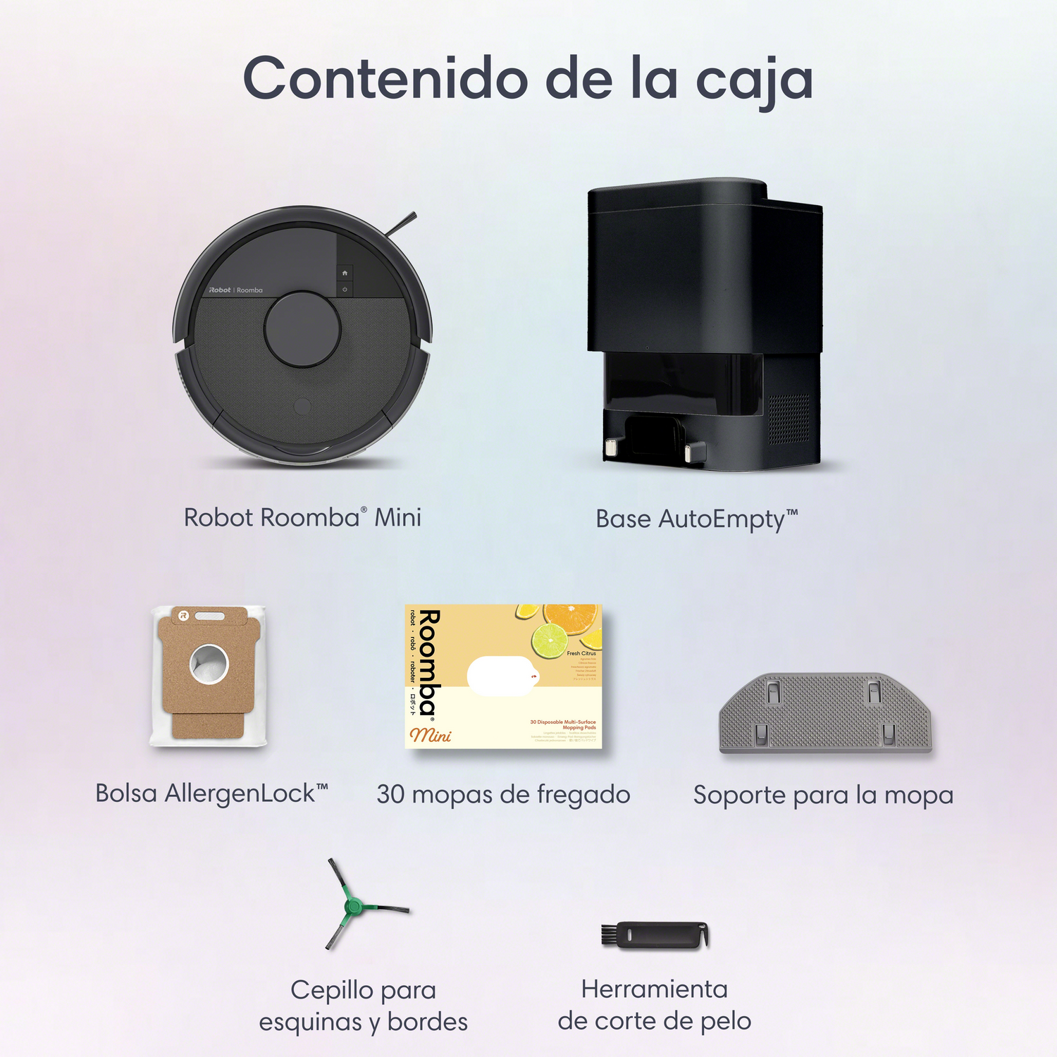 Un robot aspirador, base de carga, bolsa, mopas, soporte y herramienta de limpieza.