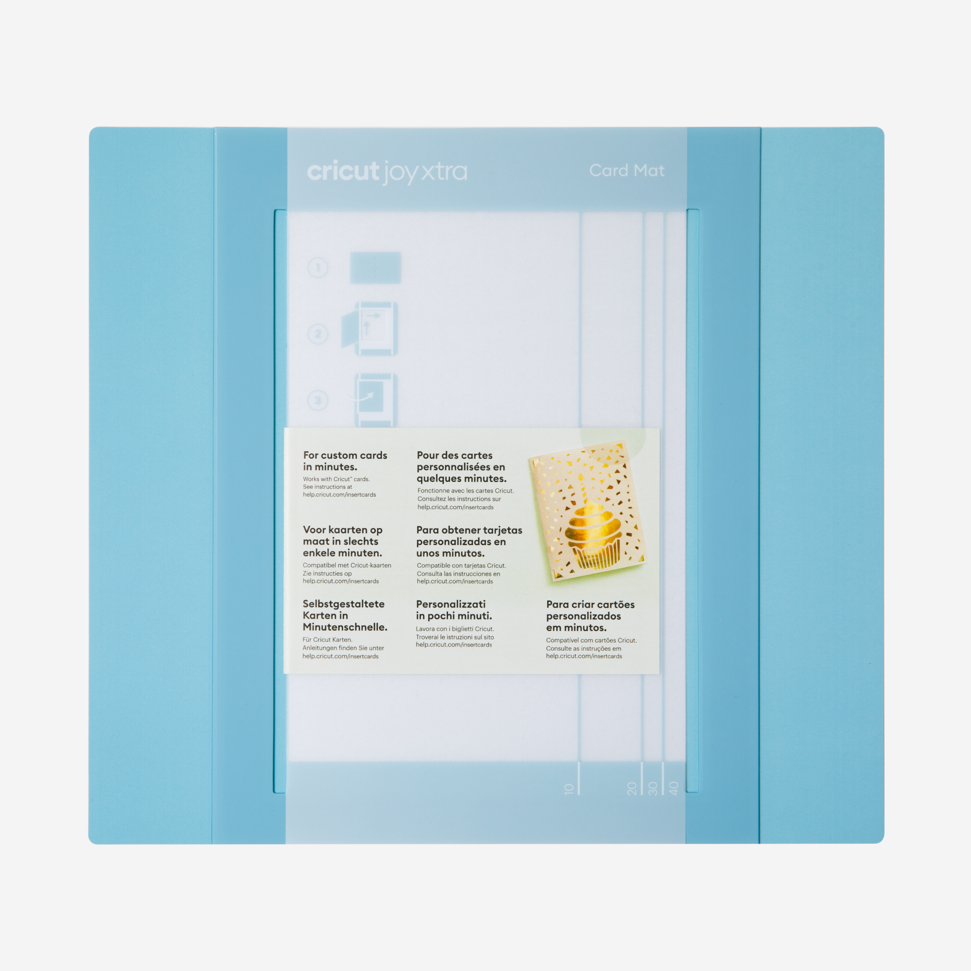 Tapete para tarjetas Cricut Joyxtra con instrucciones y tarjeta de ejemplo.