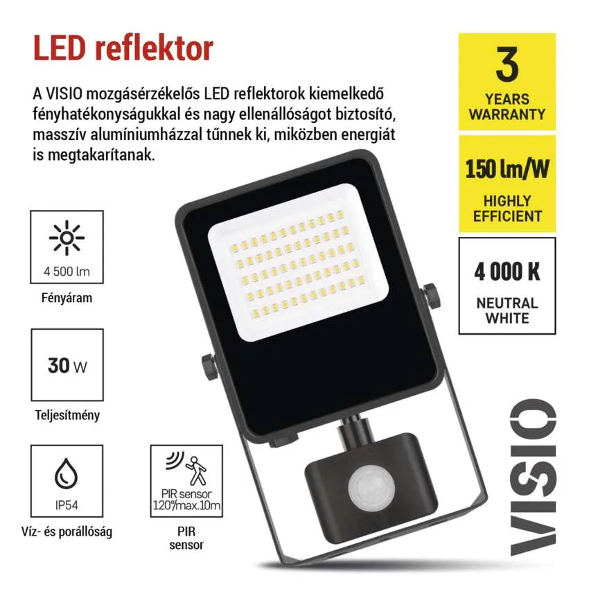 Fekete LED reflektor PIR-érzékelővel, 4500lm, 30W, IP54, 150lm/W, 4000K.