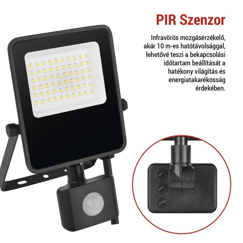 Fekete LED-es reflektor PIR mozgásérzékelővel és állítógombokkal.