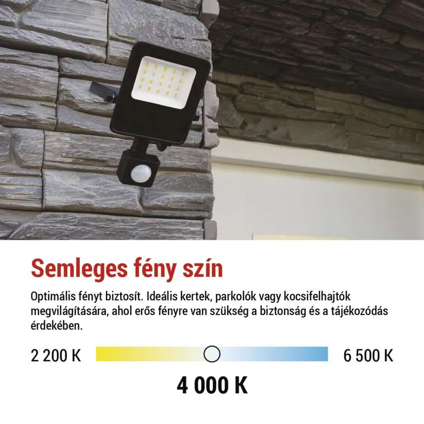 Egy fekete, mozgásérzékelős LED-es reflektor egy kőfalra van szerelve.