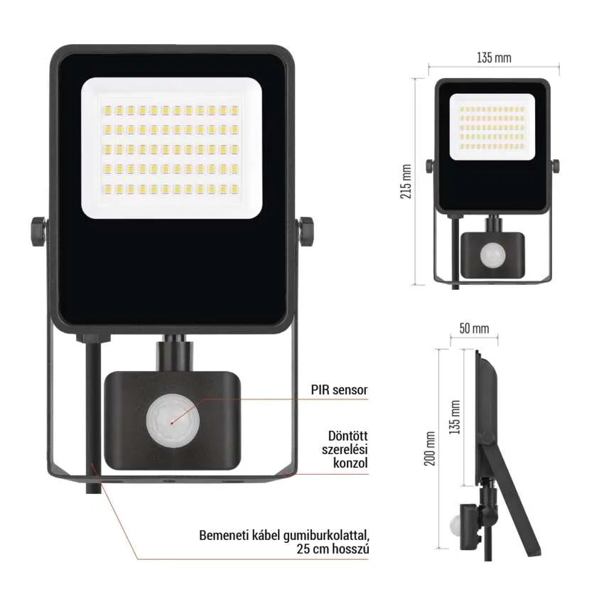 Fekete LED-es árvilágító PIR-szenzorral és méretekkel.