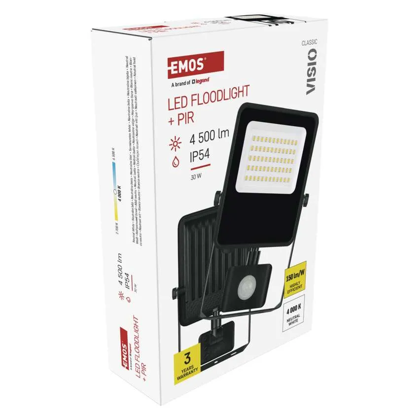 Fekete LED-es reflektor csomagolása PIR-érzékelővel és specifikációkkal.
