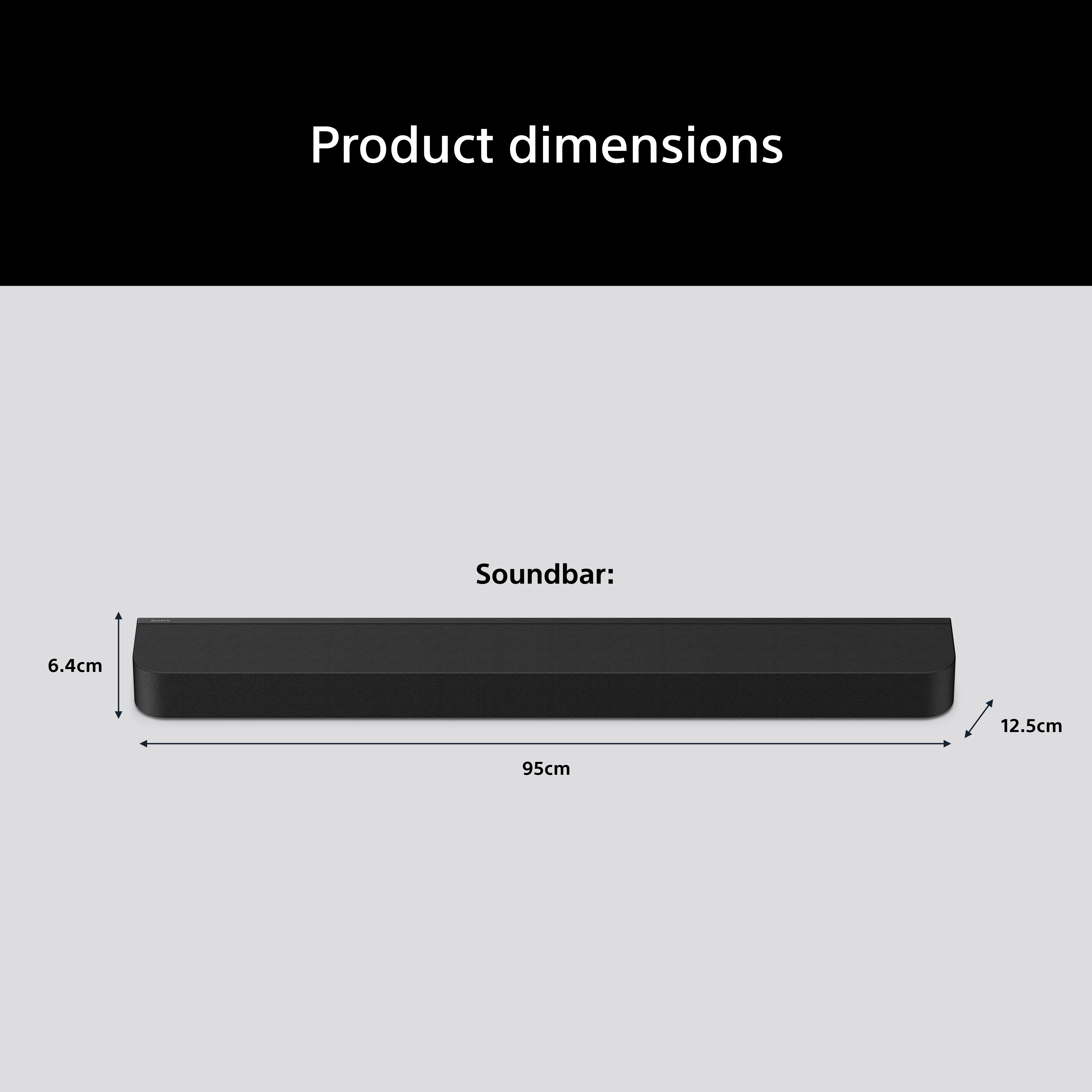 Soundbar nera: 95cm larghezza, 6.4cm altezza, 12.5cm profondità.