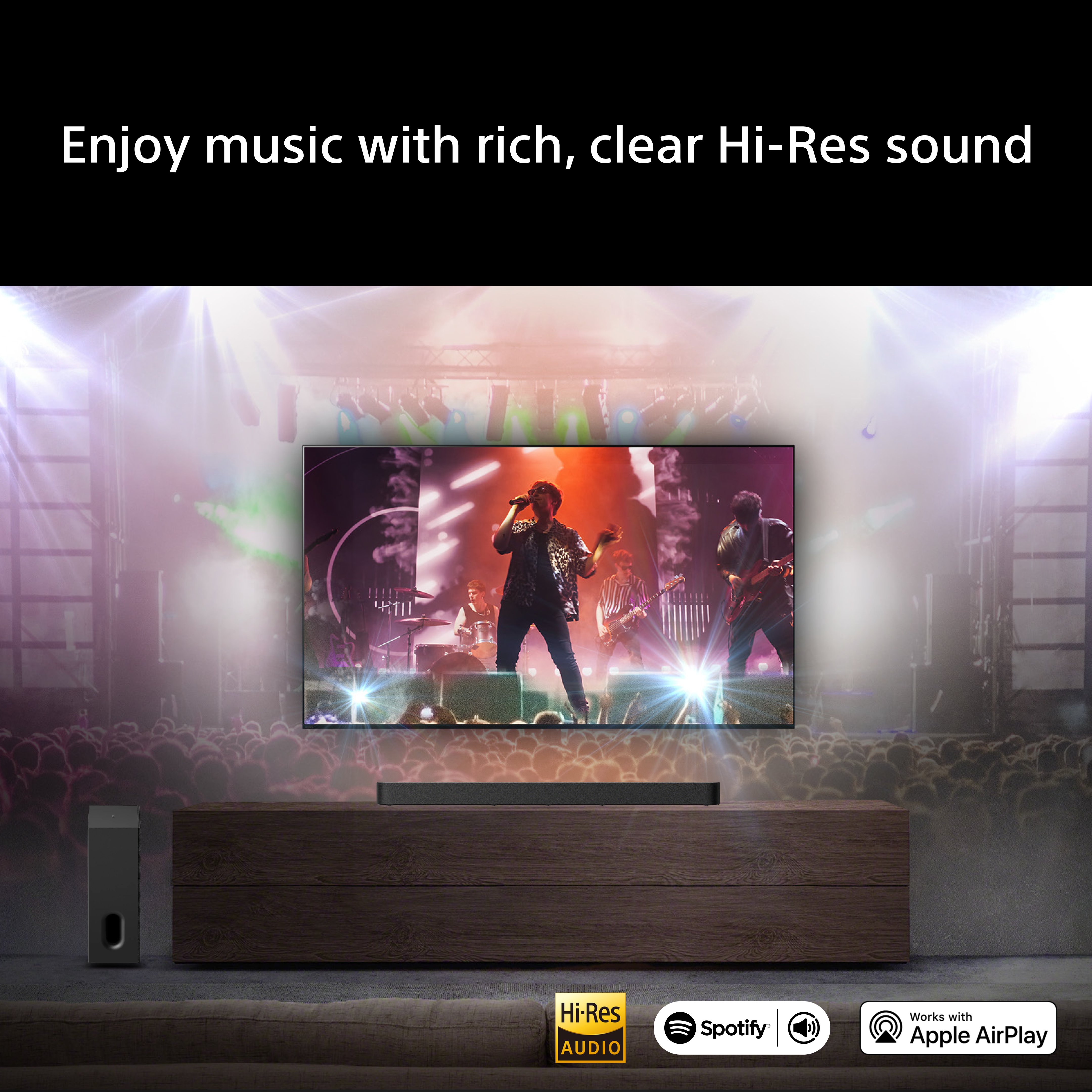 Una TV mostra una band che suona sul palco, con loghi Hi-Res Audio.
