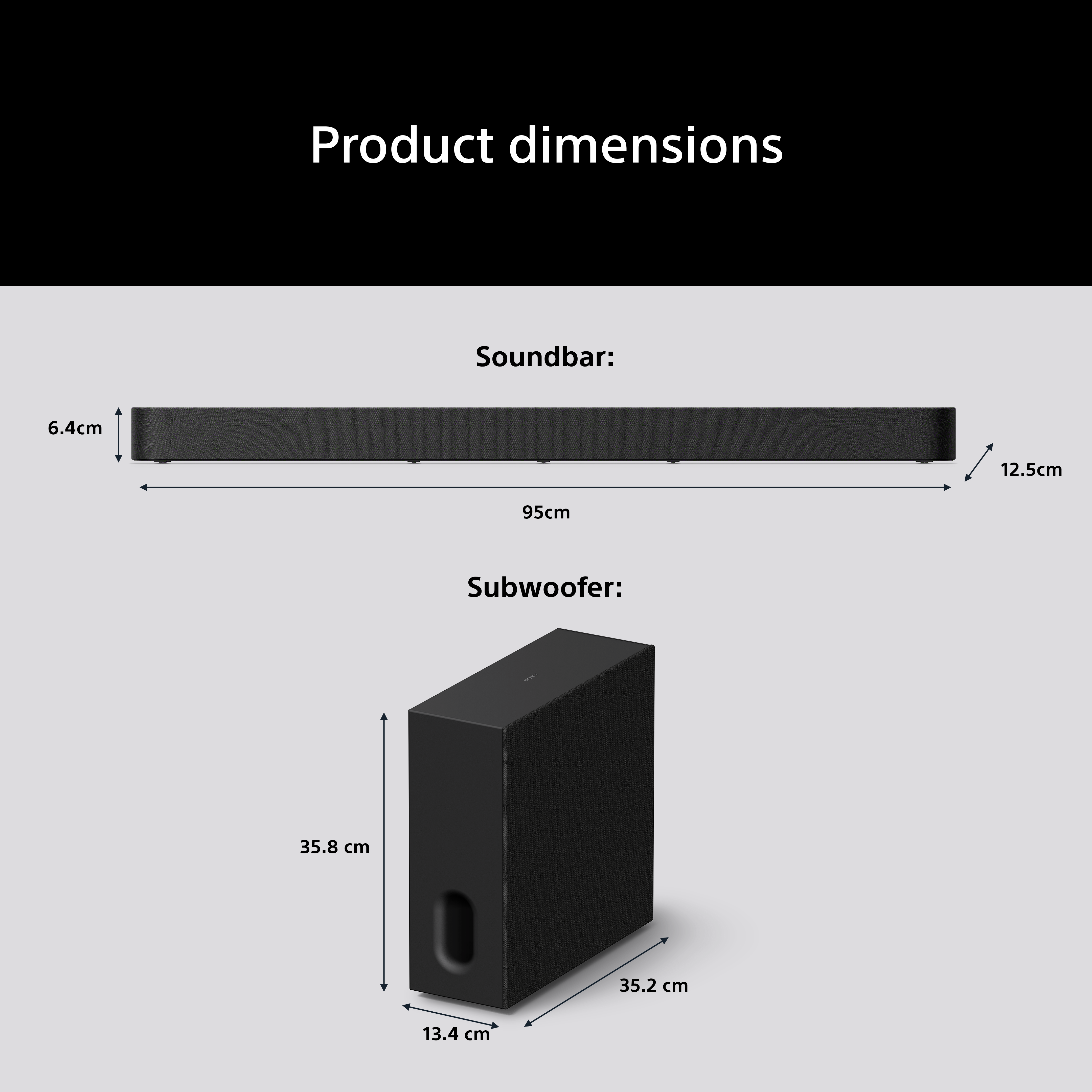 Dimensioni prodotto: soundbar 95x6,4x12,5cm; subwoofer 35,2x13,4x35,8cm.