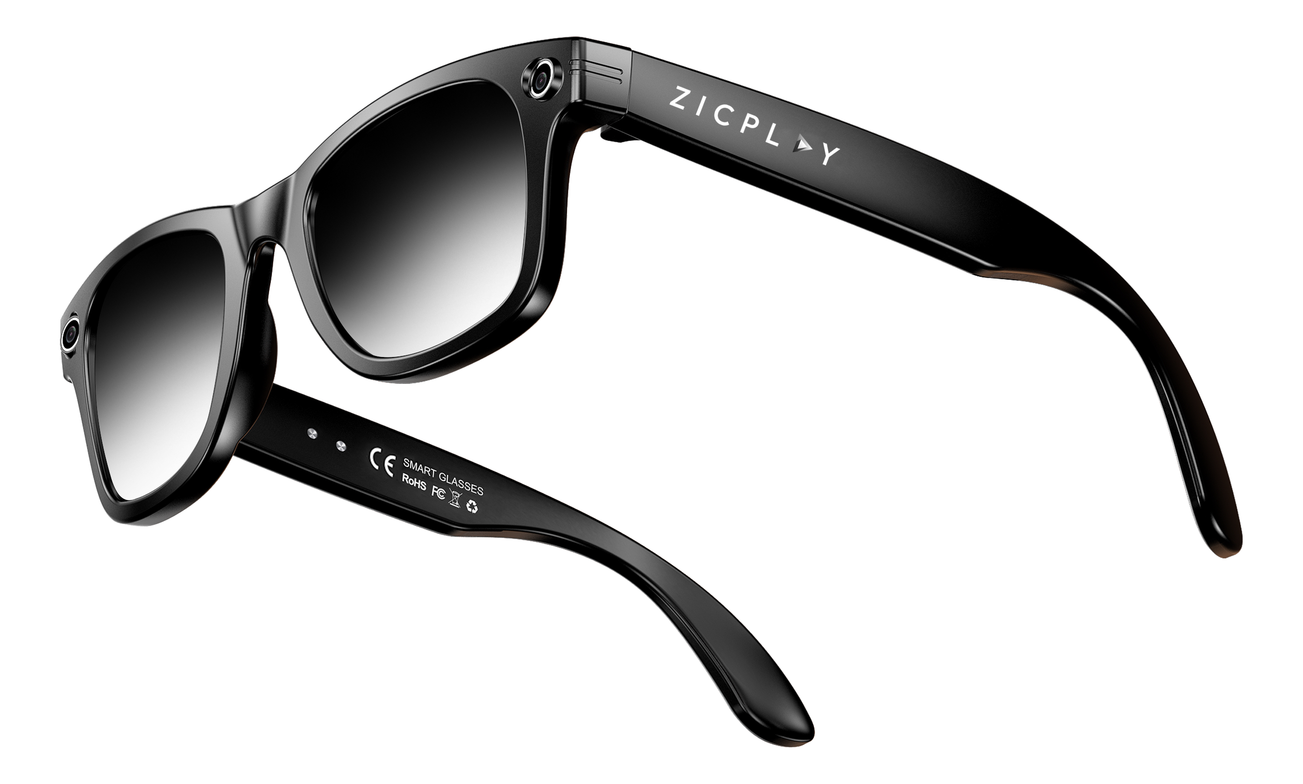 Schwarze ZICPLAY Smart Glasses mit Kameras an den Bügeln und CE-Zeichen.