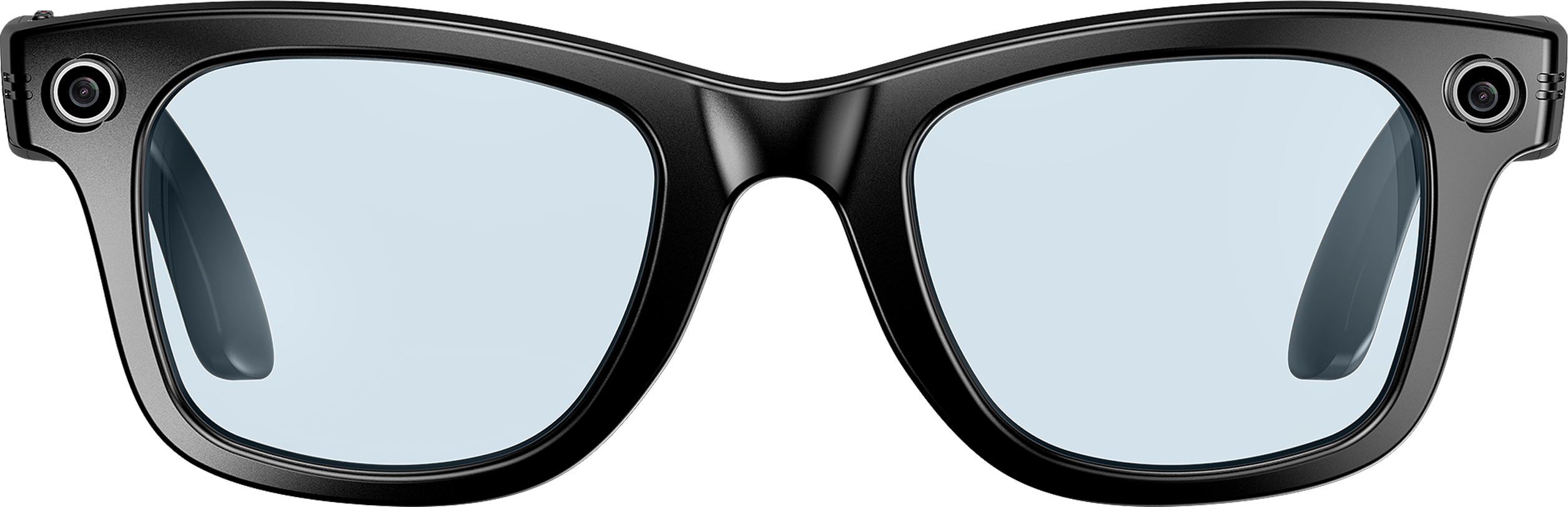 Schwarze Brille mit blauen Gläsern und Kameras an den Bügeln.