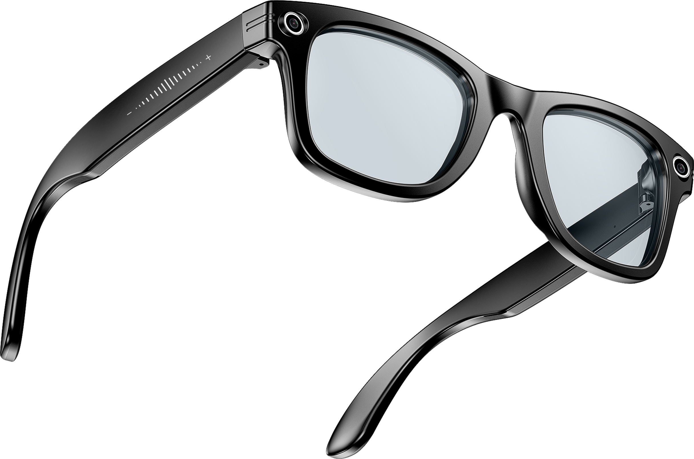 Schwarze Brille mit Kameras und blauen Gläsern, auf weißem Hintergrund.