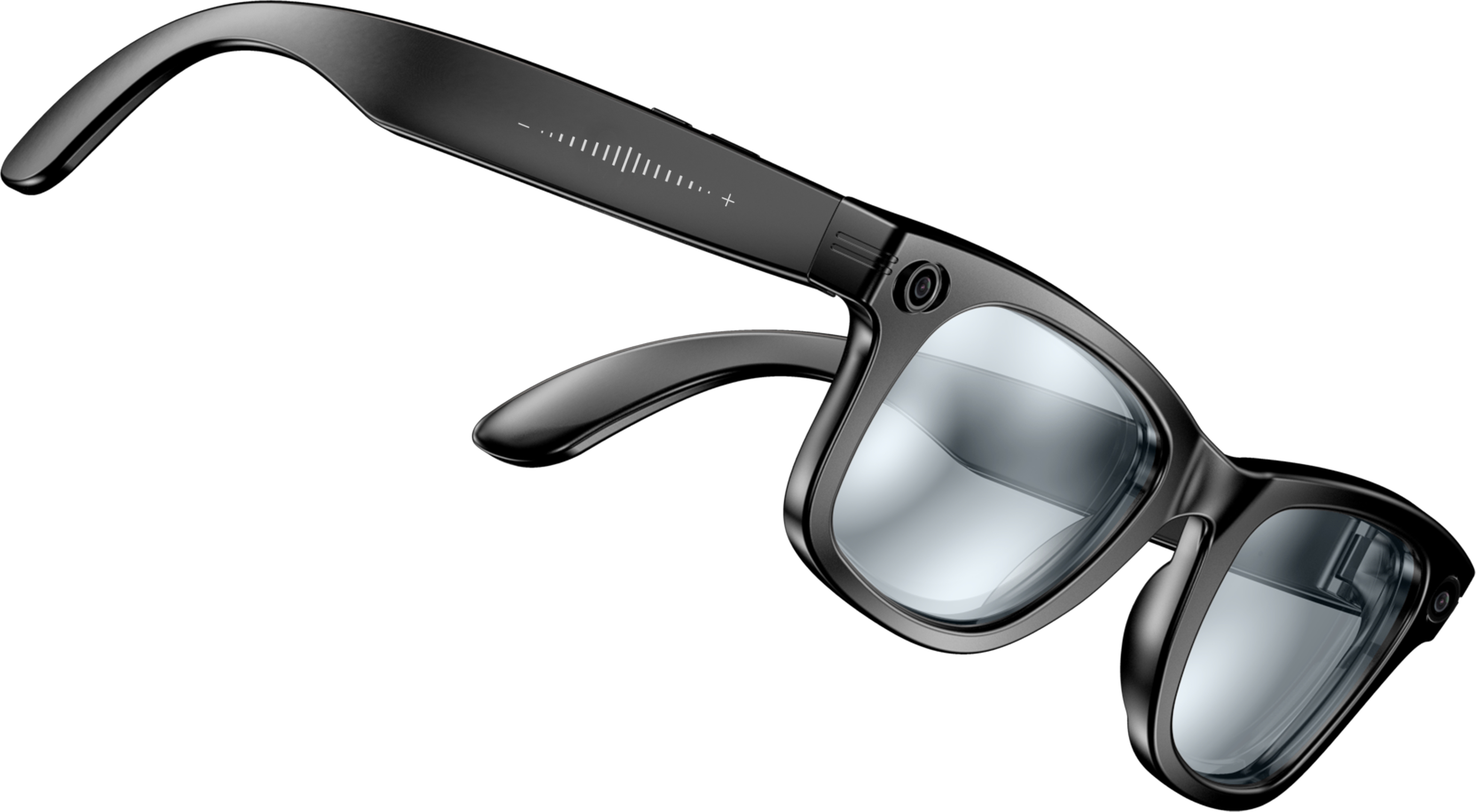 Schwarze Brille mit Kamera und Lautstärkeskala auf dem Bügel.