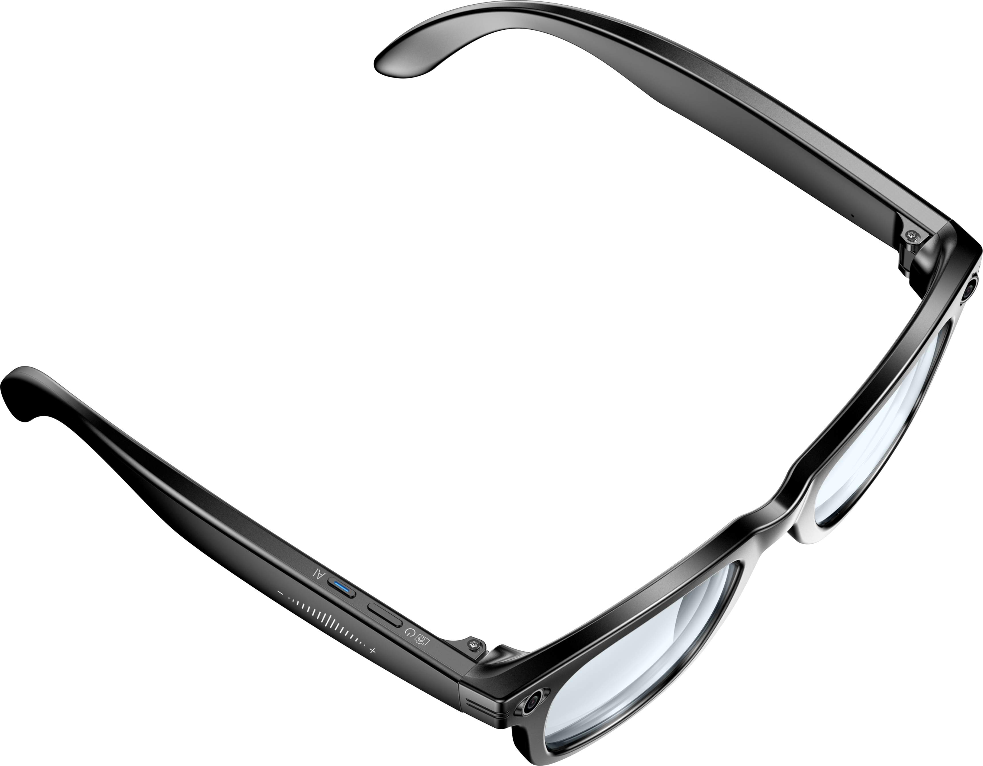 Schwarze Brille mit Akzenten auf dem Bügel, auf weißem Hintergrund.