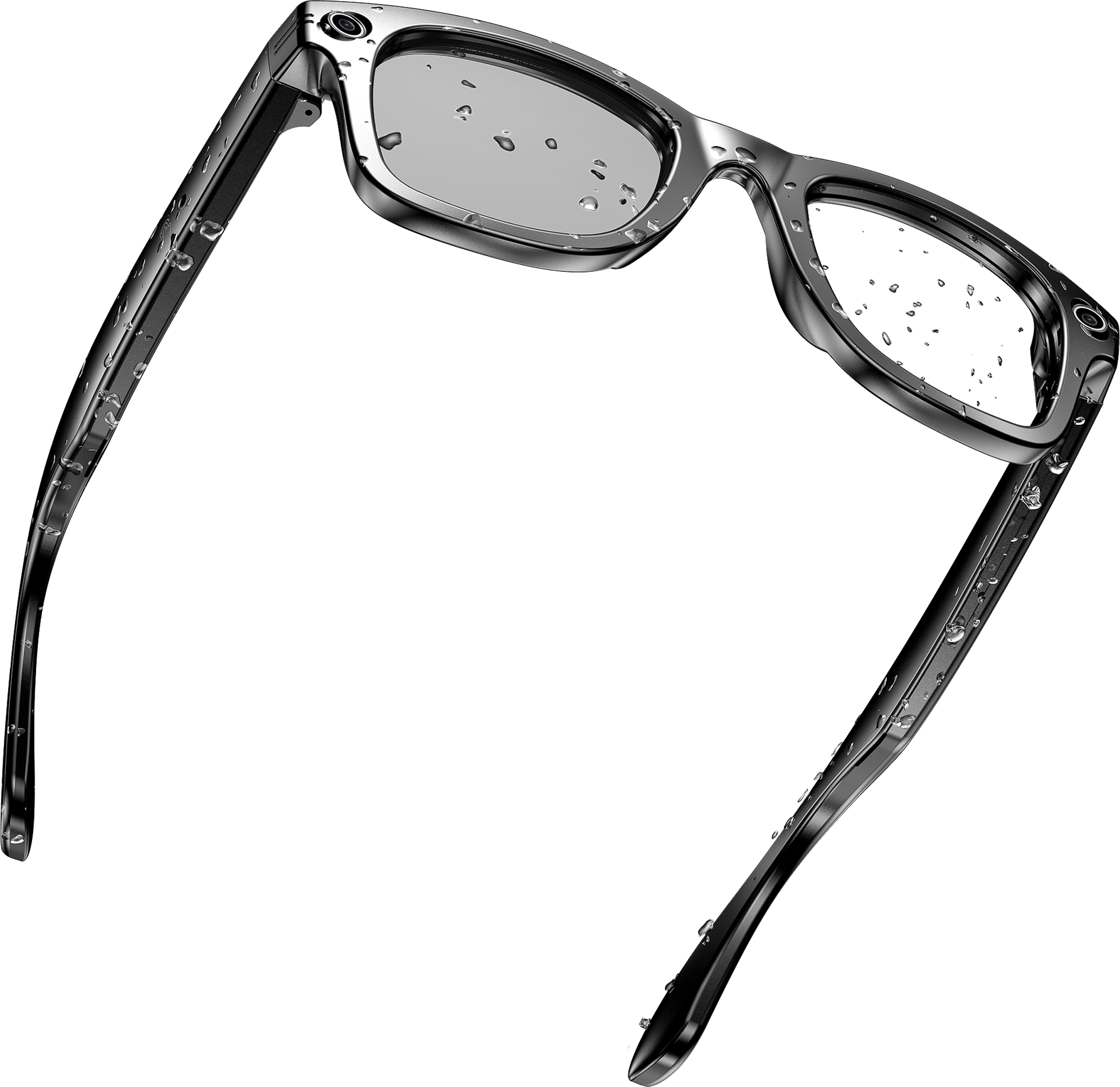 Schwarze Brille mit Wassertropfen auf den Gläsern und Bügeln.