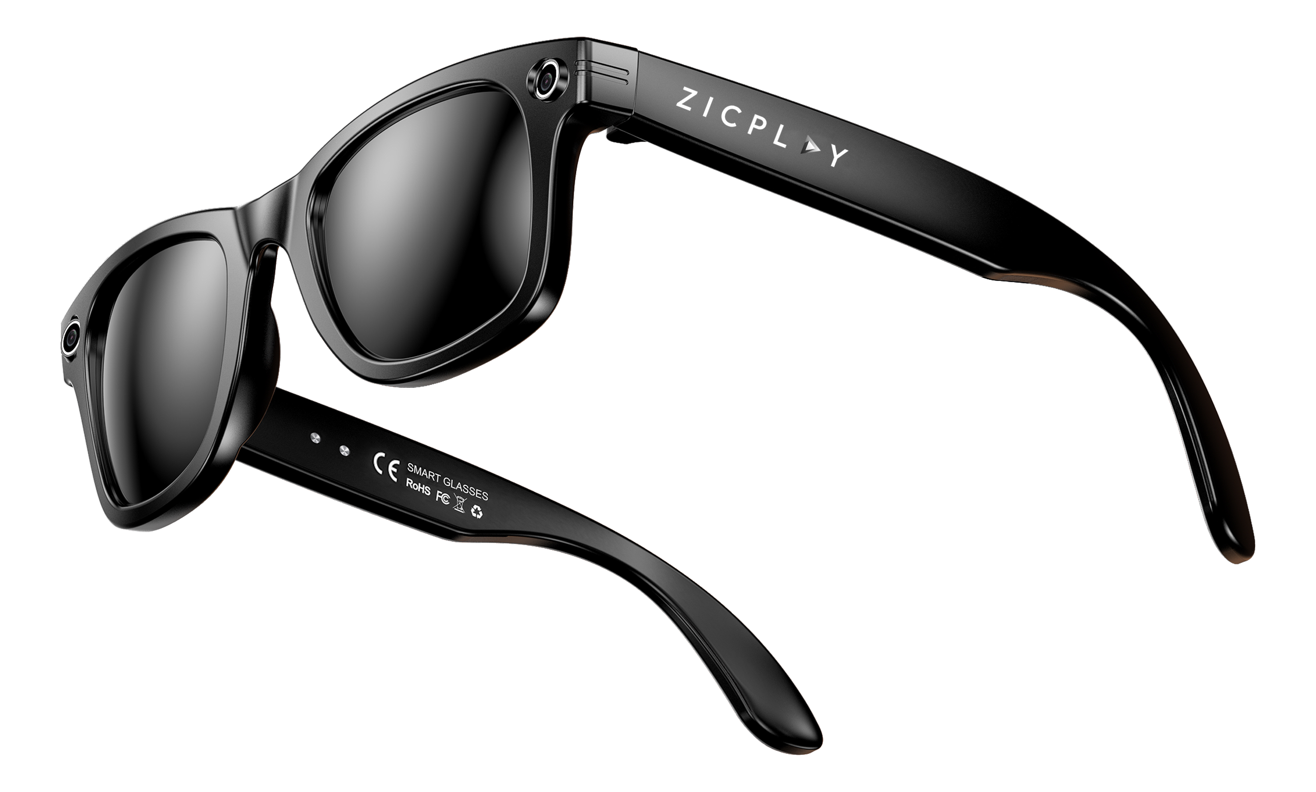 Schwarze ZICPLAY Smart Glasses mit Kameras und Beschriftung.