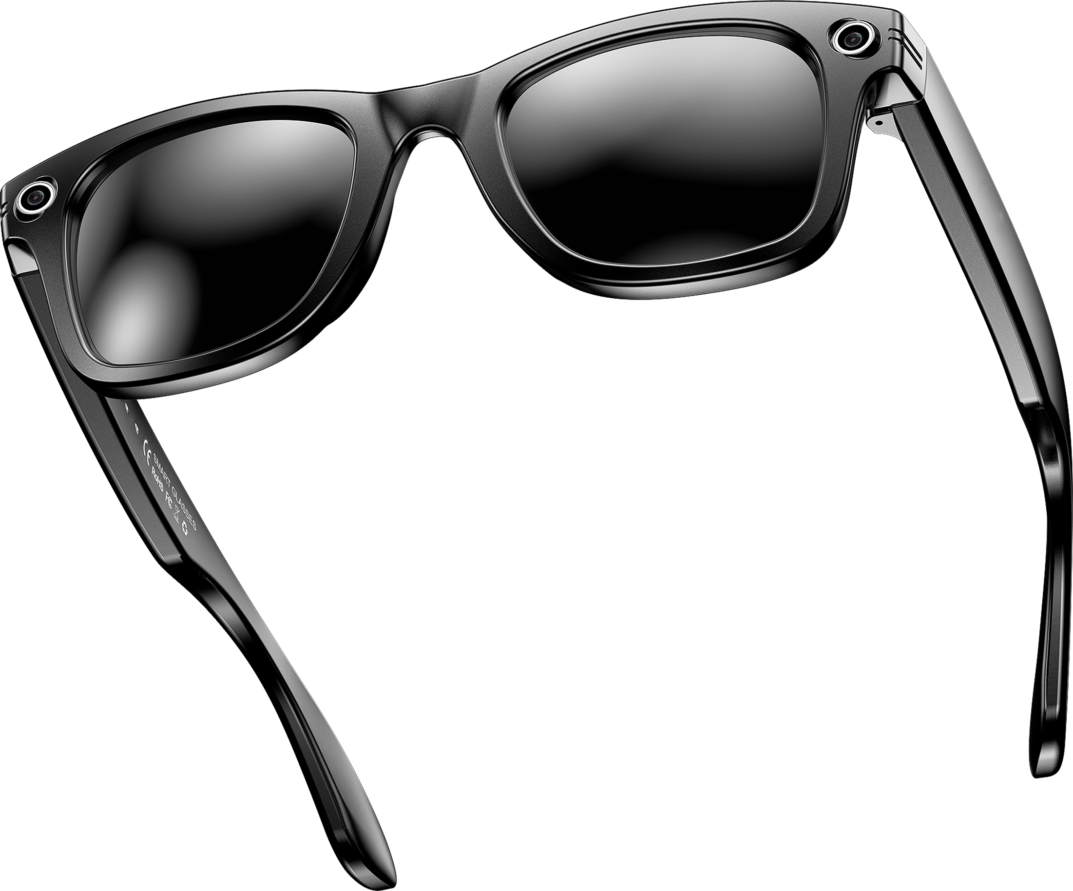Schwarze Sonnenbrille mit Kameras an den Bügeln auf weißem Hintergrund.
