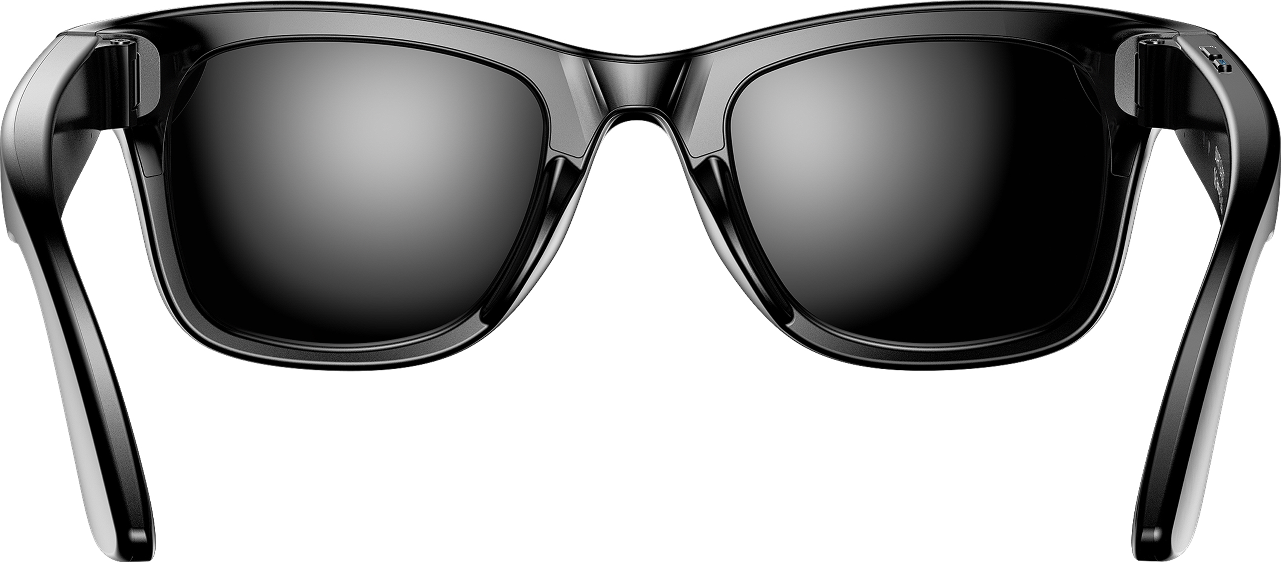 Schwarze Sonnenbrille mit dunklen Gläsern und dickem Rahmen.