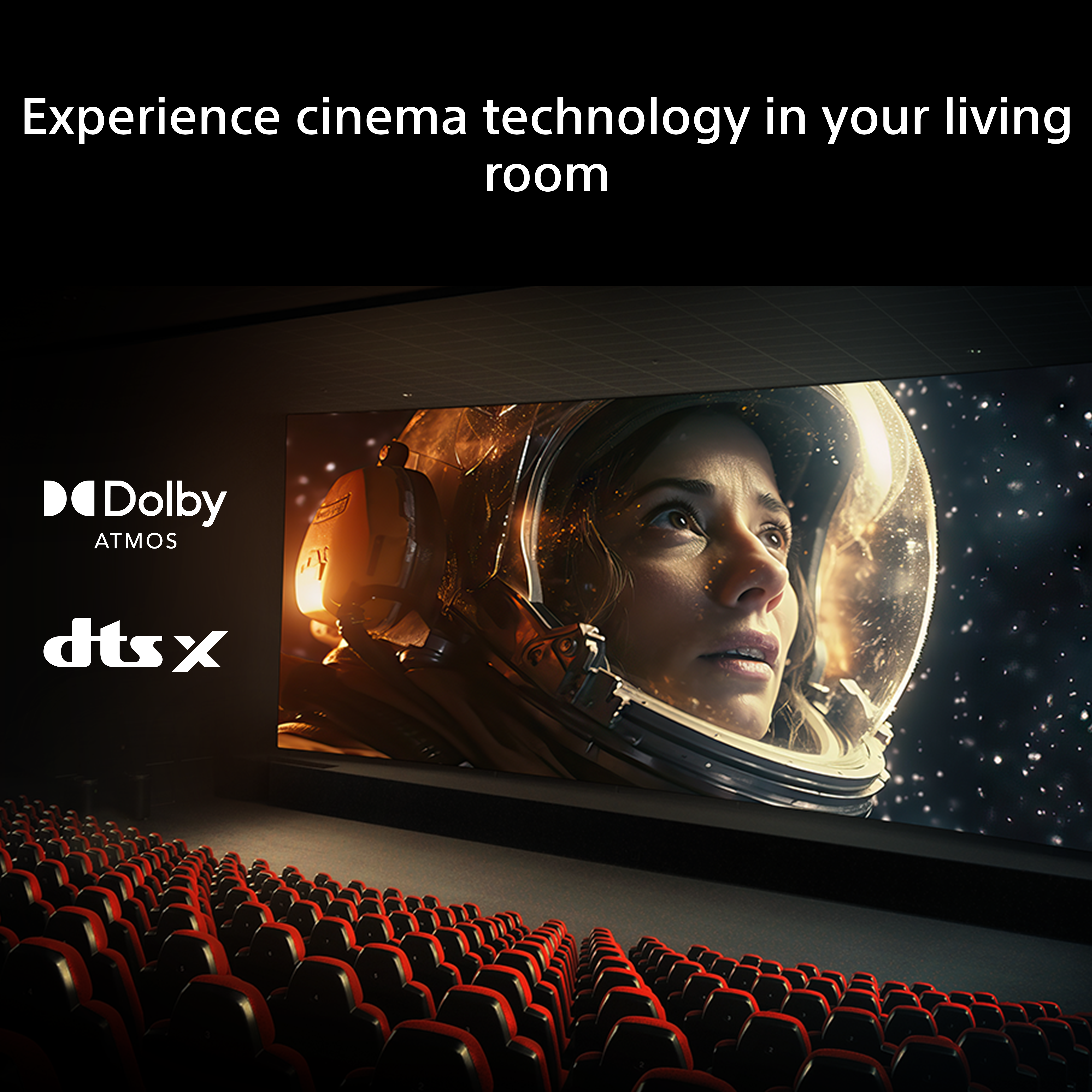 Cinema con sedili rossi, astronauta sullo schermo, loghi Dolby Atmos e DTS:X.