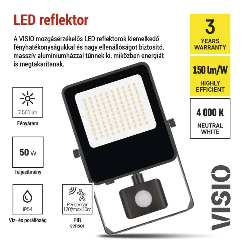 Fekete LED reflektor PIR érzékelővel. Jellemzők: 7500 lm, 50 W, IP54, 3 év garancia.