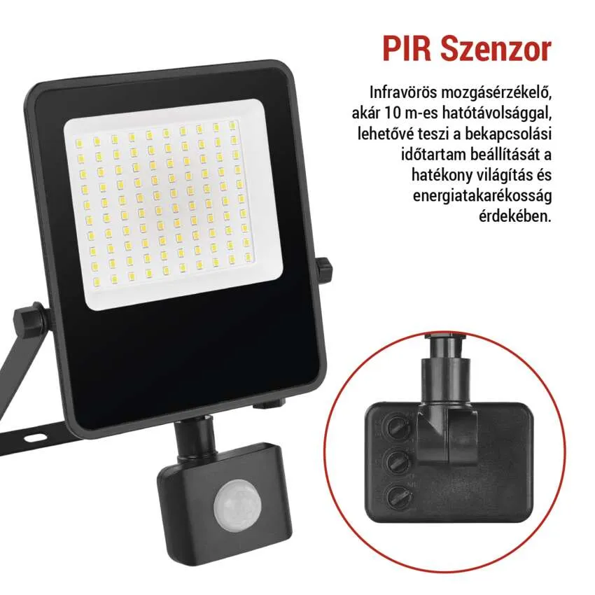 Fekete LED reflektor PIR mozgásérzékelővel és állítógombokkal.