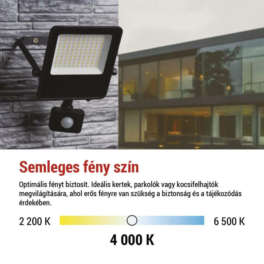 Fekete LED kültéri reflektor mozgásérzékelővel falon.