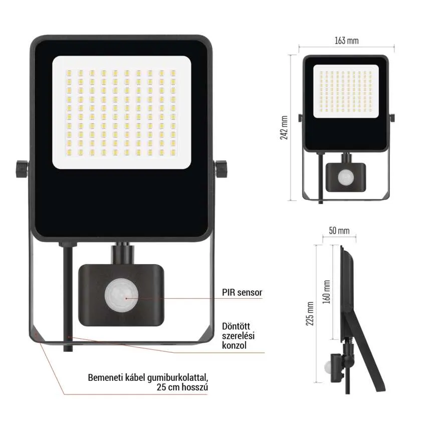 Fekete LED-es reflektor PIR-érzékelővel, méretek: 242x163x50 mm.