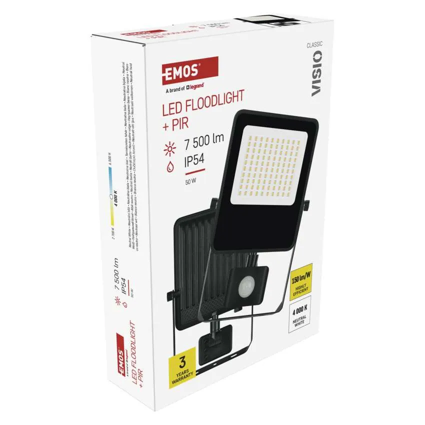 Fekete LED-es reflektor PIR-érzékelővel csomagolása. 7500 lm, 50 W.