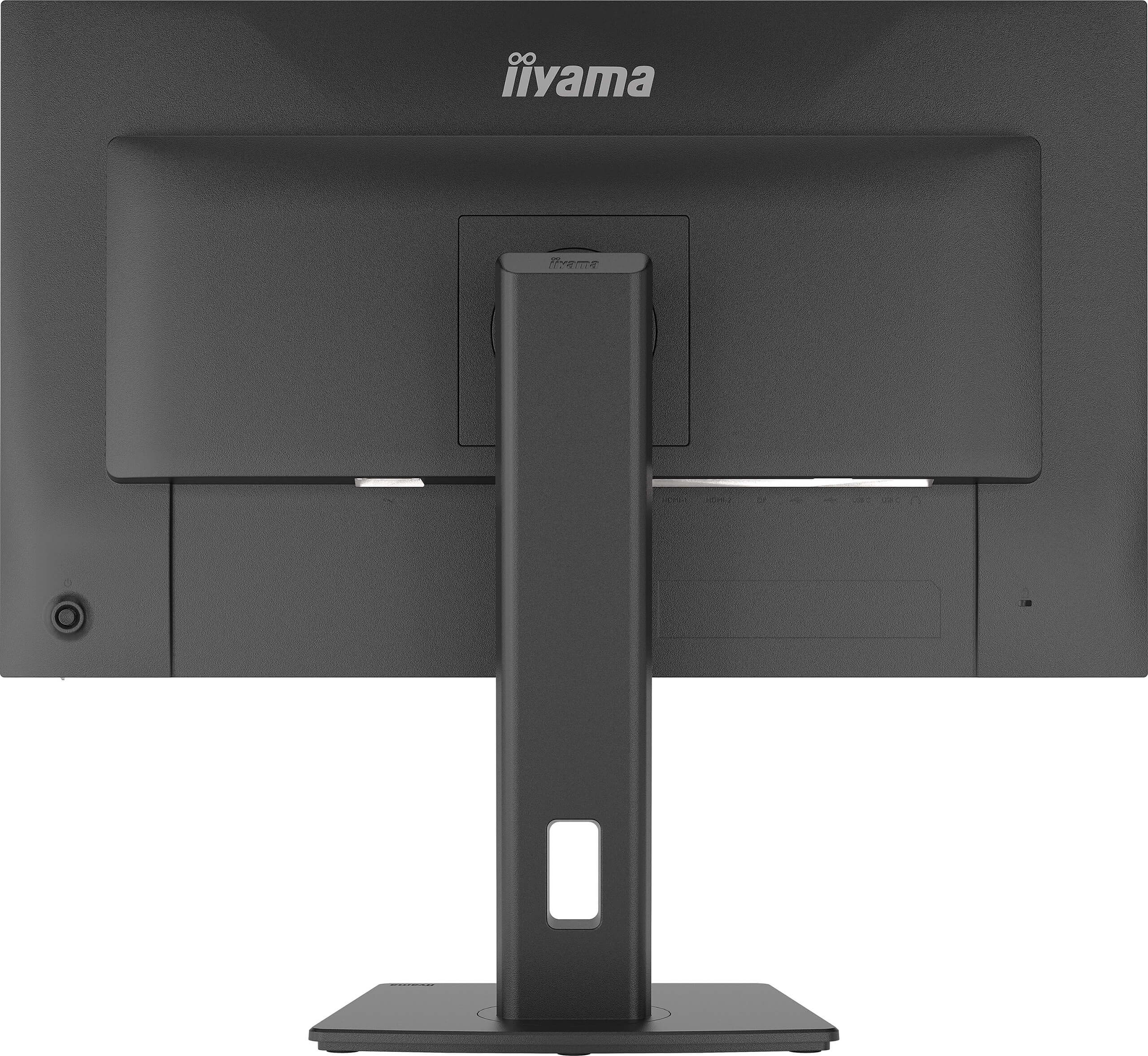 Rückseite eines schwarzen Monitors mit Standfuß und iiyama-Logo.