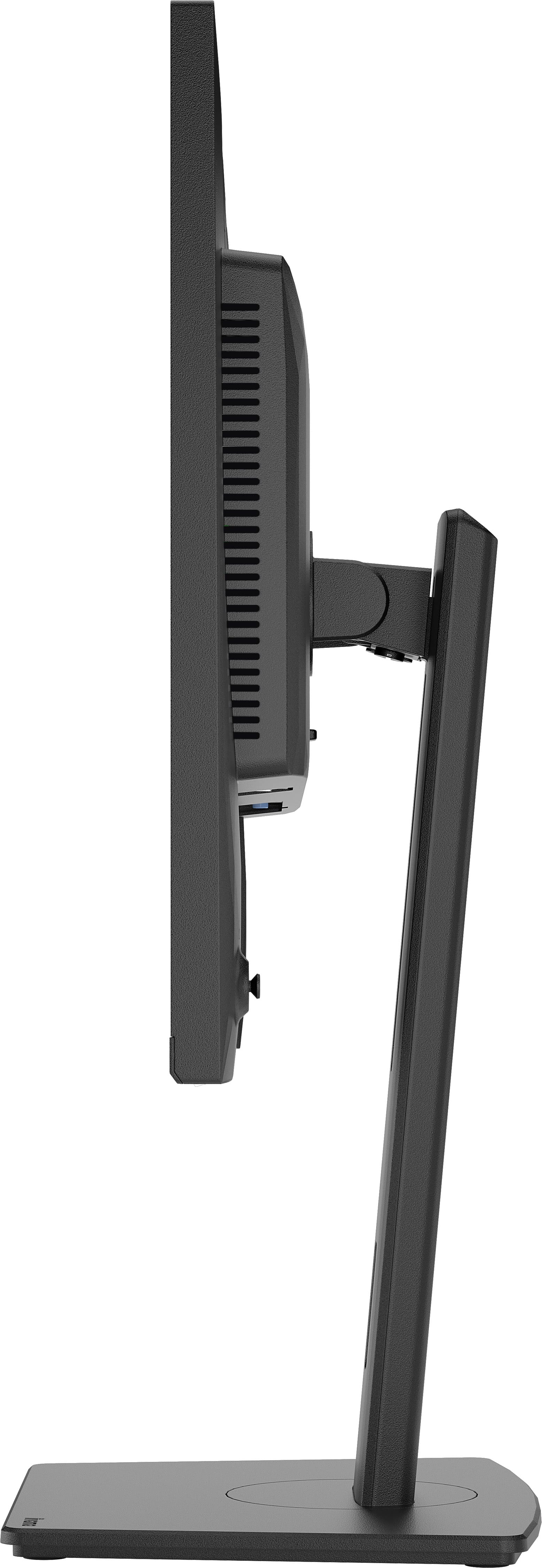 Seitenansicht eines schwarzen Monitors mit verstellbarem Ständer auf weißem Hintergrund.