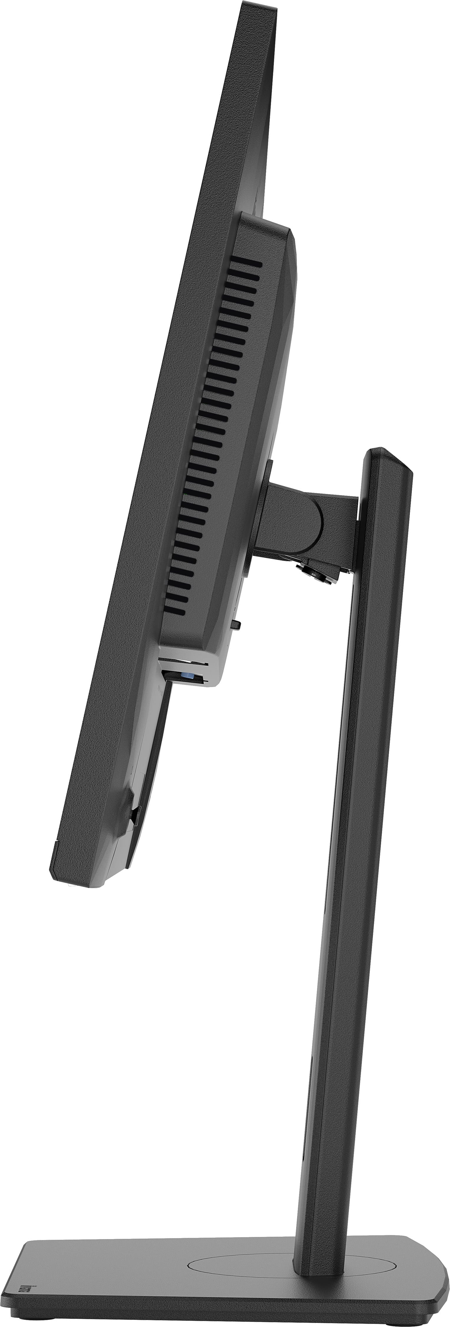 Seitenansicht eines schwarzen Computermonitors auf einem Ständer mit weißem Hintergrund.