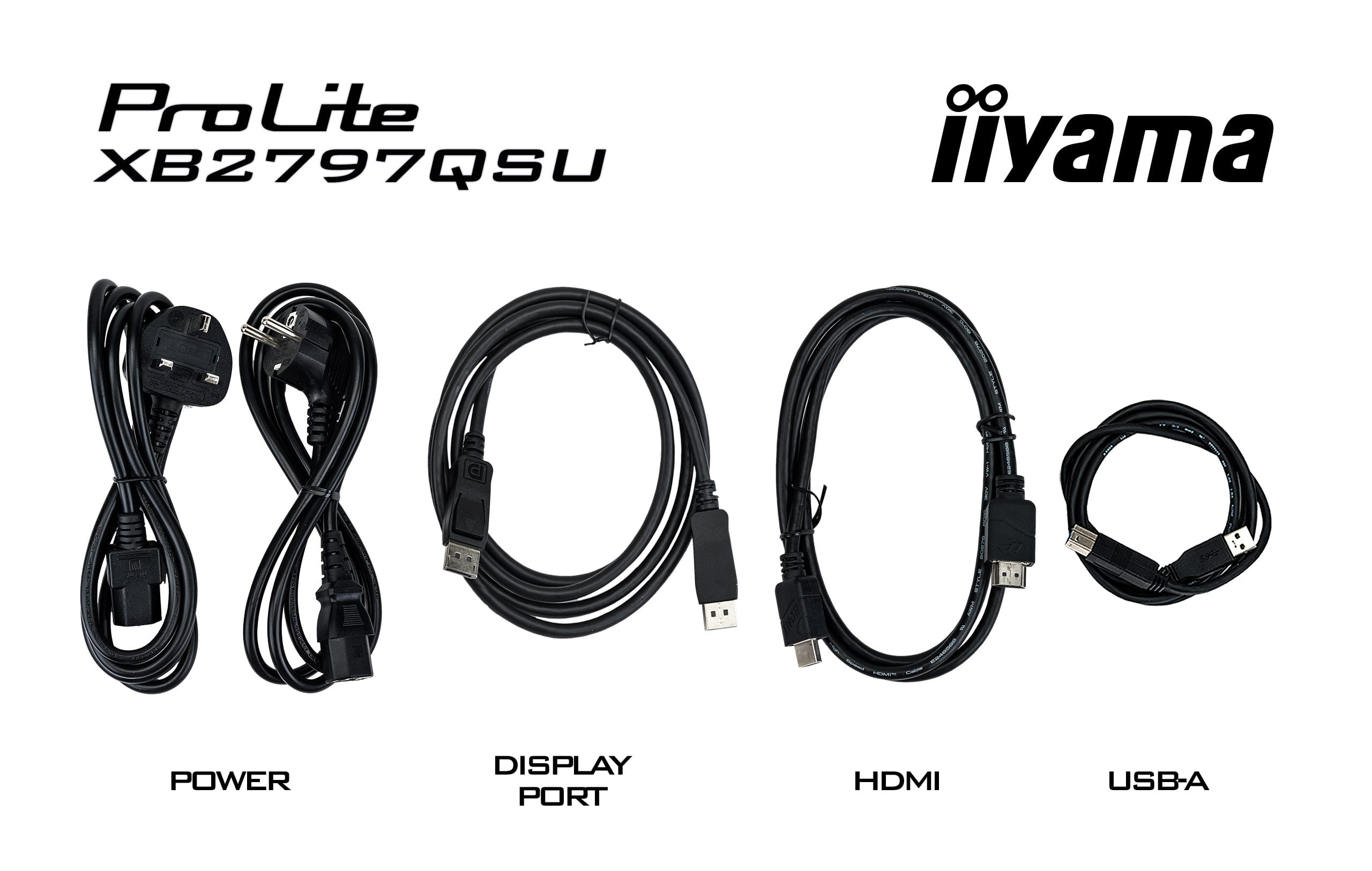 Schwarze Kabel: Strom, DisplayPort, HDMI, USB-A.