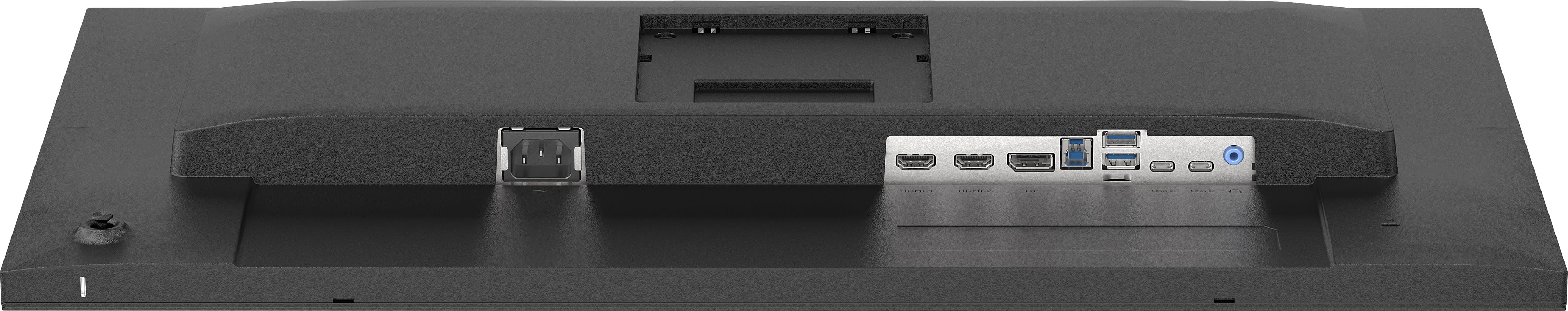 Rückseite eines schwarzen Monitors mit Anschlüssen: USB, HDMI, DP, USB-C und Audiobuchse.
