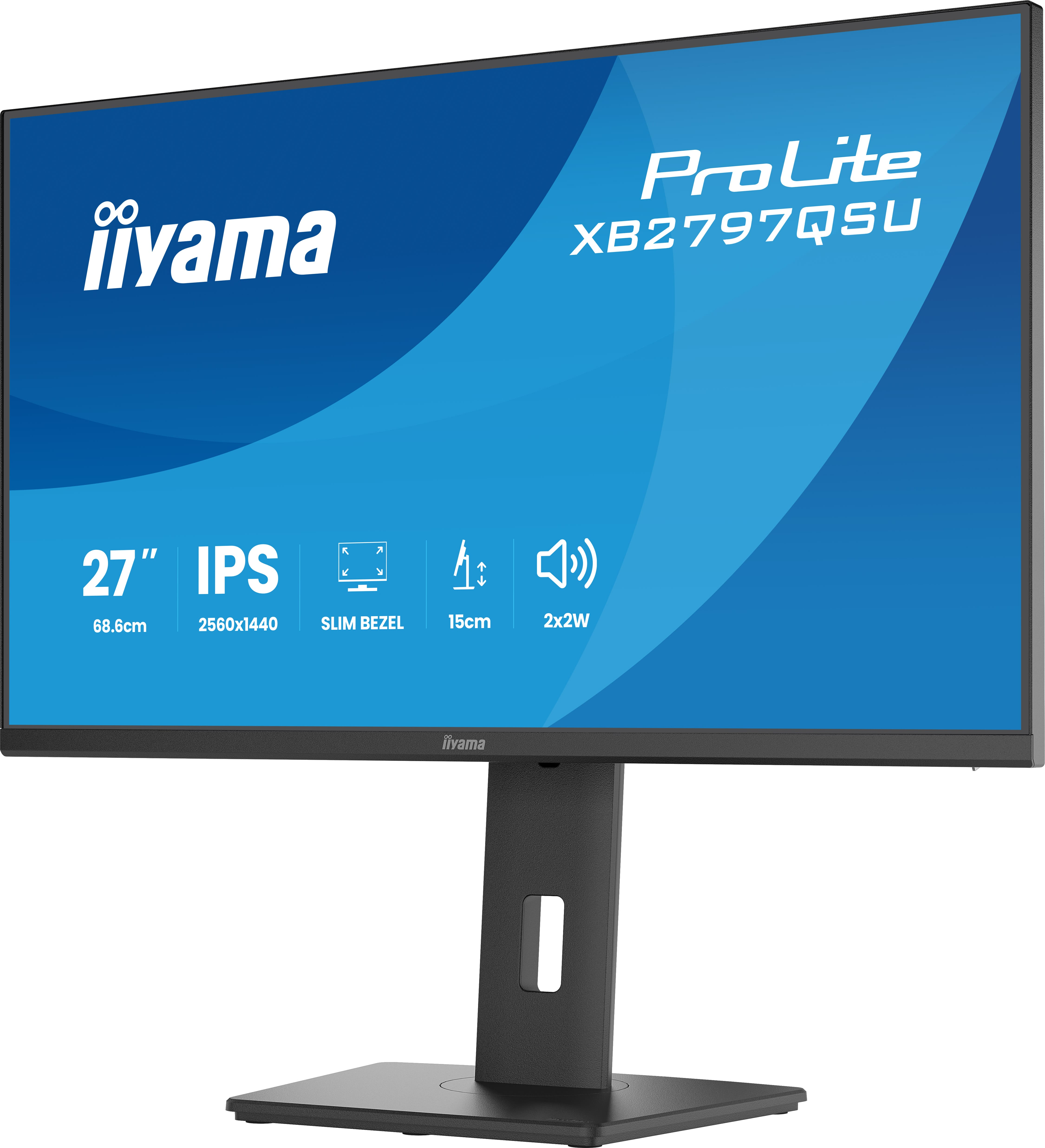 Ein schwarzer iiyama ProLite Monitor mit einem blauen Hintergrund, der Spezifikationen zeigt.