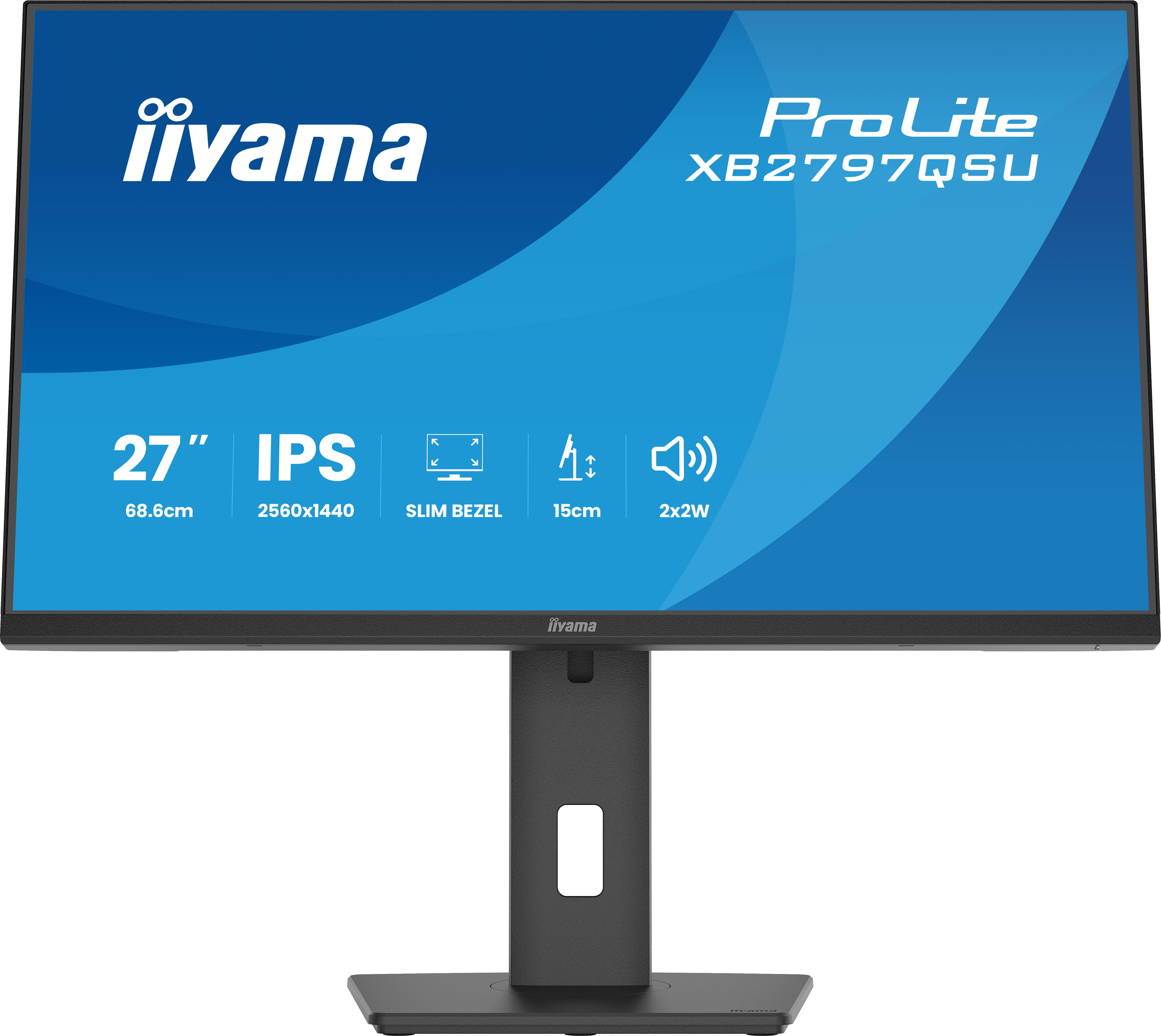 Ein schwarzer Iiyama ProLite Monitor mit 27 Zoll, IPS-Panel und 2560x1440 Auflösung.
