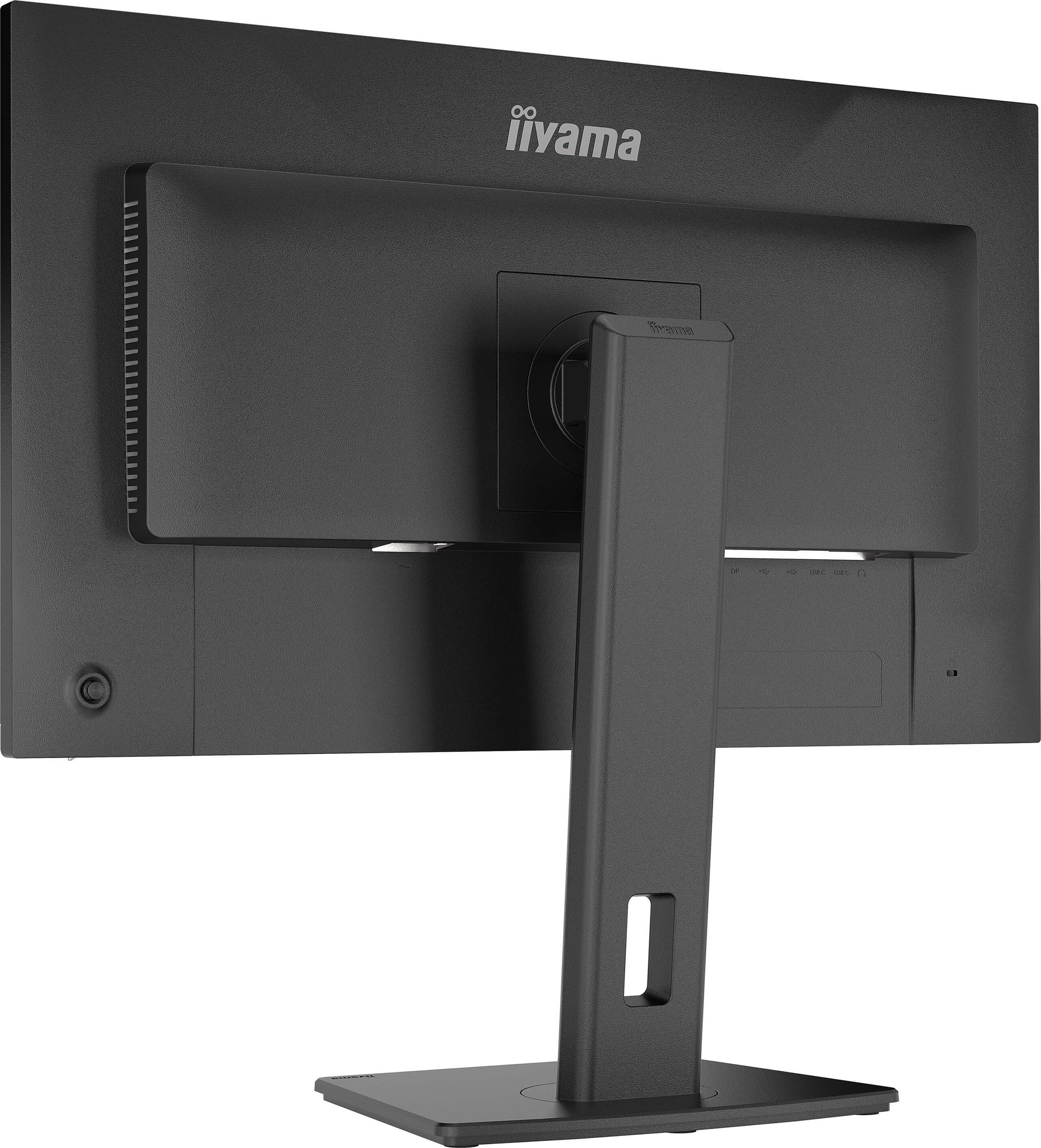 Rückseite eines schwarzen Monitors mit Iiyama-Logo und Standfuß.
