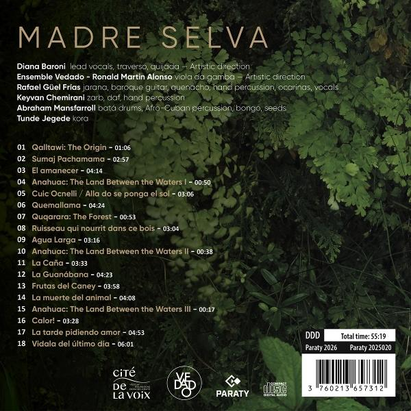 Albumcover von MADRE SELVA mit Titelliste, Künstlern und Barcode.