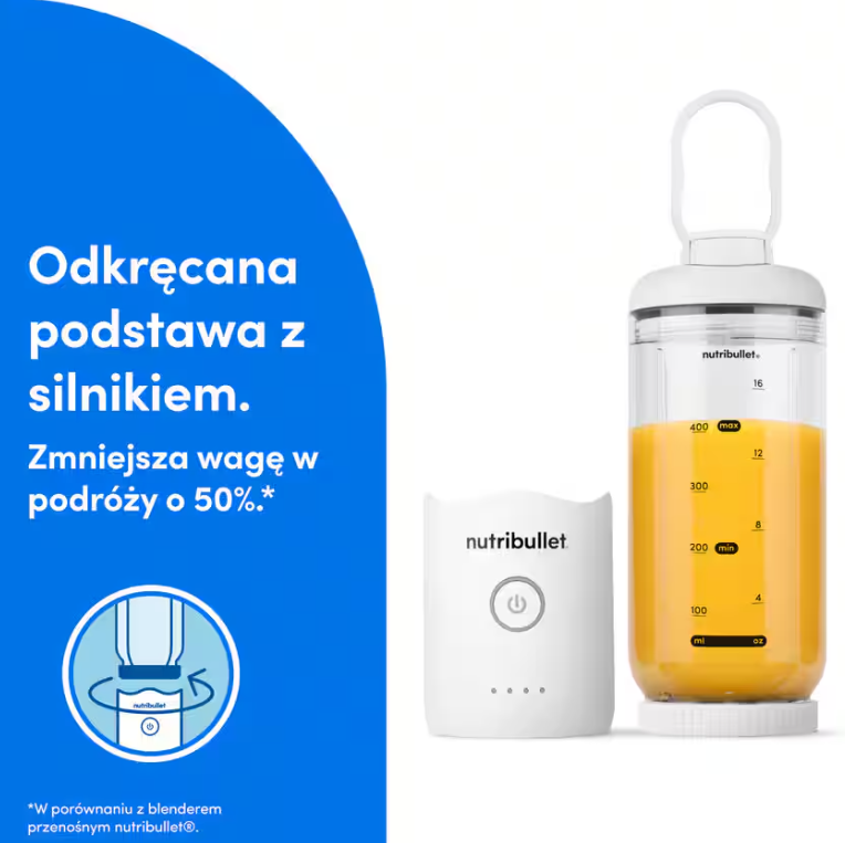 Przenośny blender NutriBullet z odkręcaną podstawą silnika i kubkiem soku.