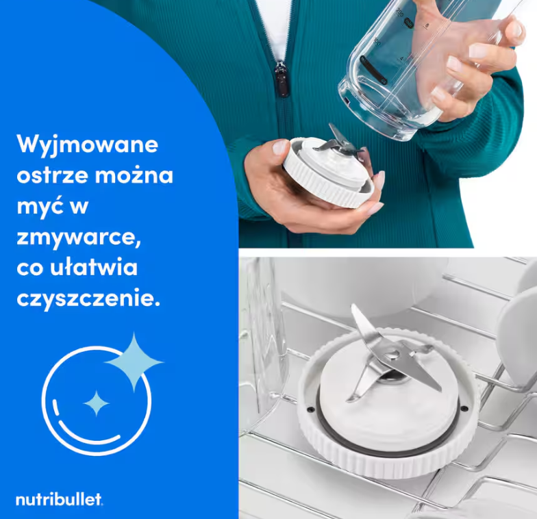 Ręka trzymająca wyjmowane ostrze blendera, które jest wkładane do zmywarki.