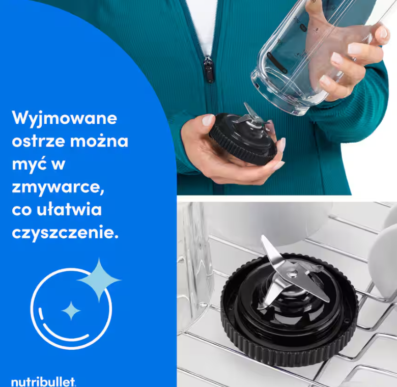 Zbliżenie na nasadkę noża z trzema ostrzami umieszczoną w zmywarce.