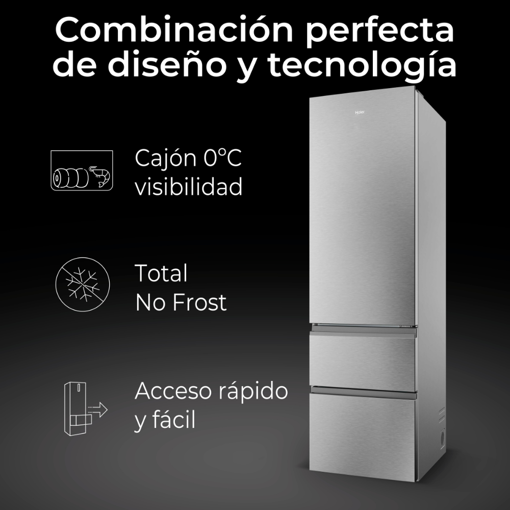 Refrigerador plateado con tres cajones y texto sobre cajón 0°C, No Frost y acceso rápido.