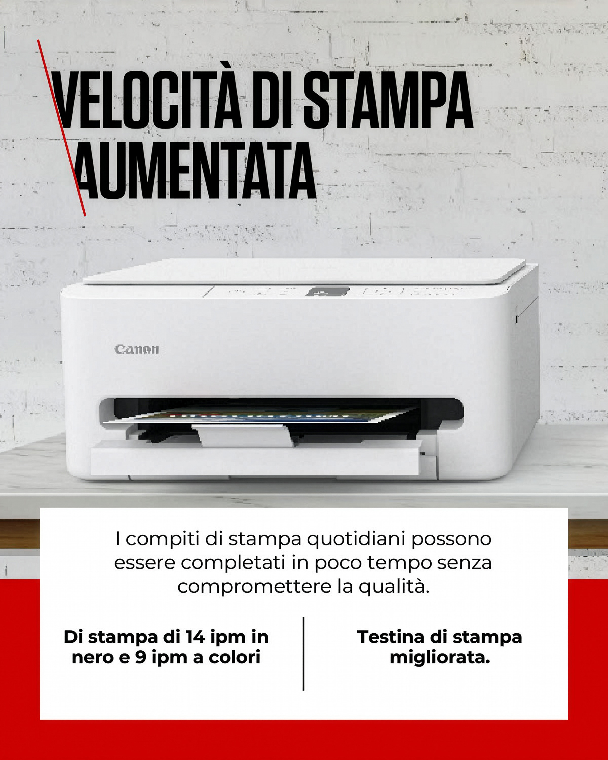 Una stampante Canon bianca su una superficie di marmo. Testo sulla velocità di stampa.